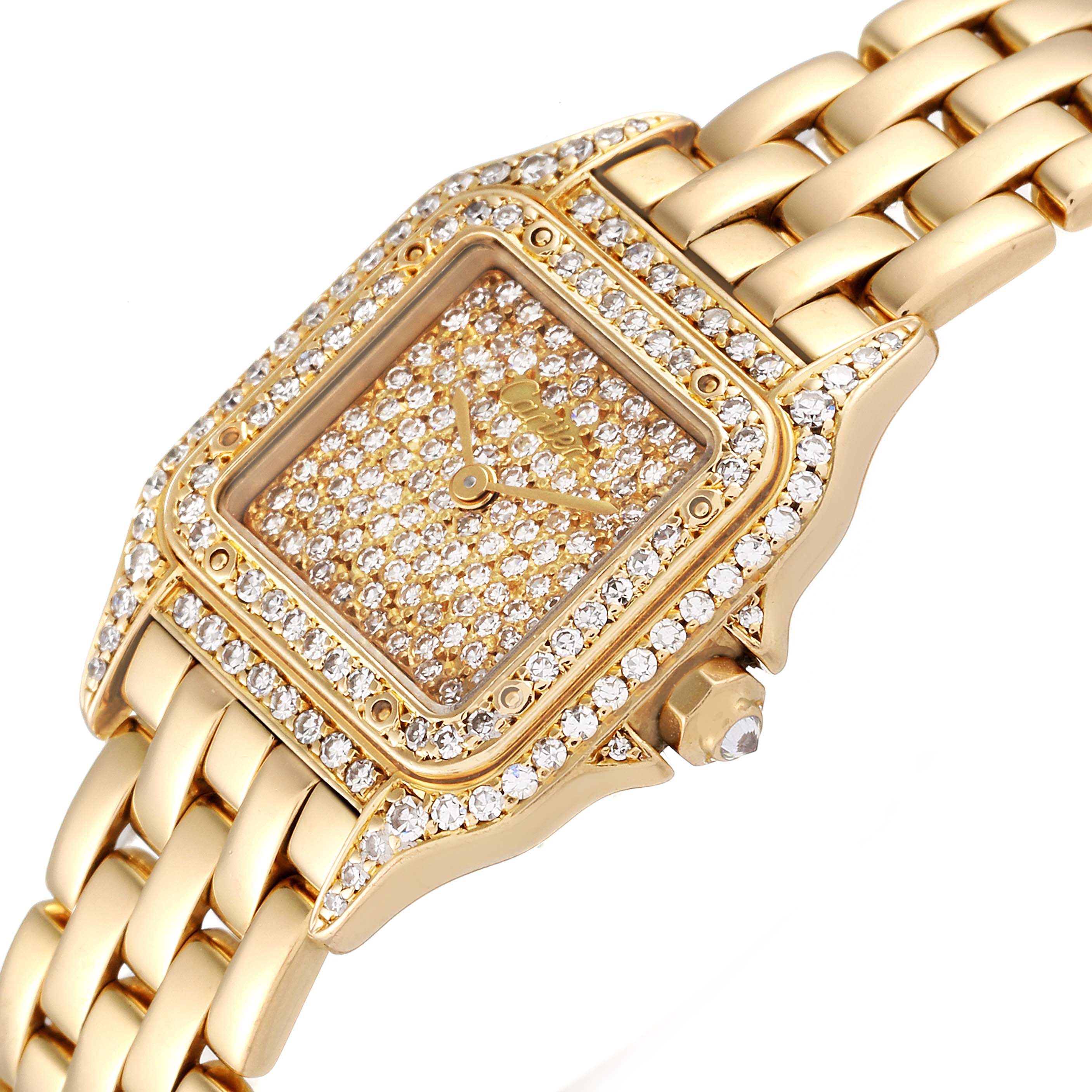 This image shows a close-up of the Cartier Panthere Women's Yellow Gold Champagne Dial Women's Yellow Gold Champagne Dial watch, featuring the face, bezel, and part of the bracelet.