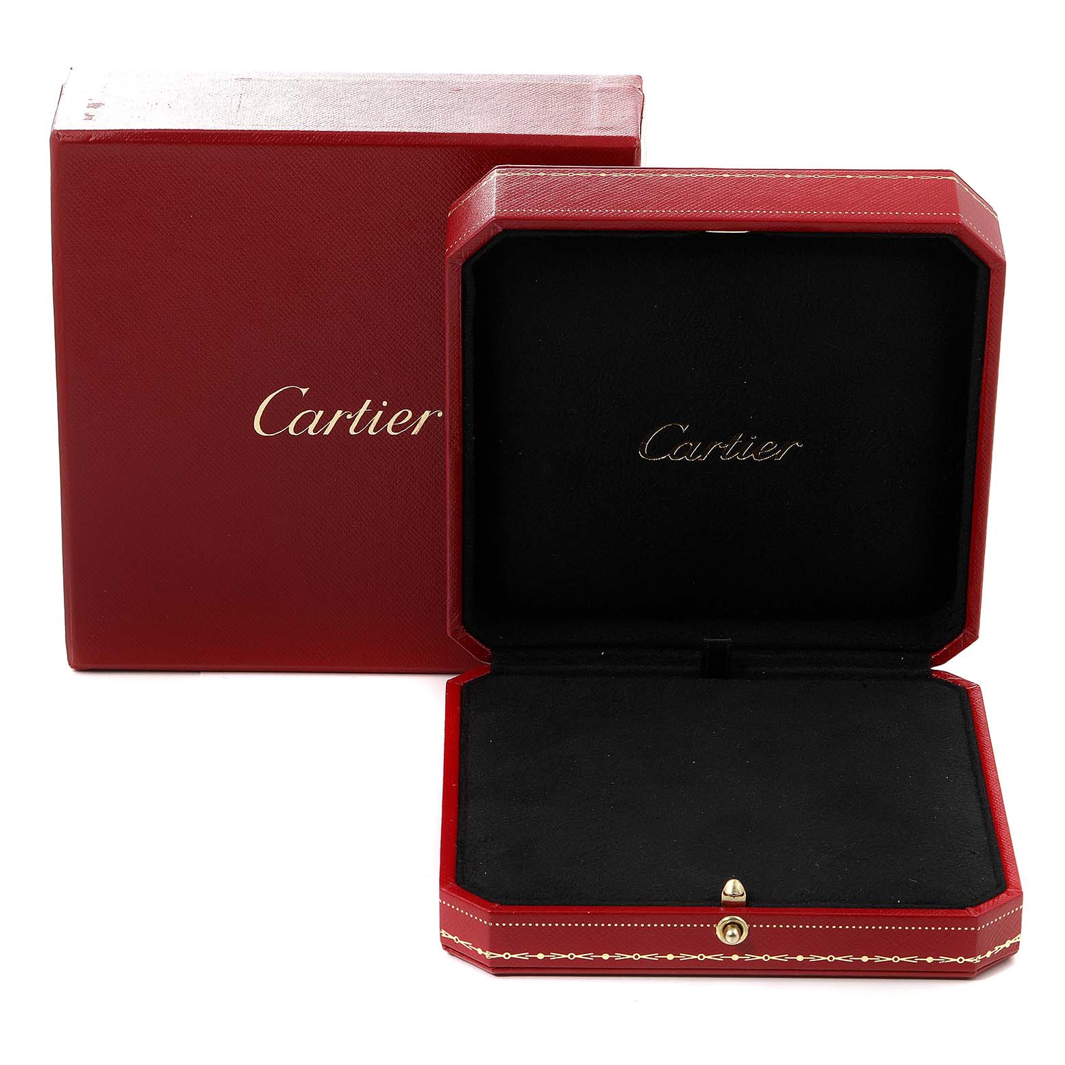 The image shows an open and empty Cartier Panthère watch box, displaying its red exterior and black interior.
