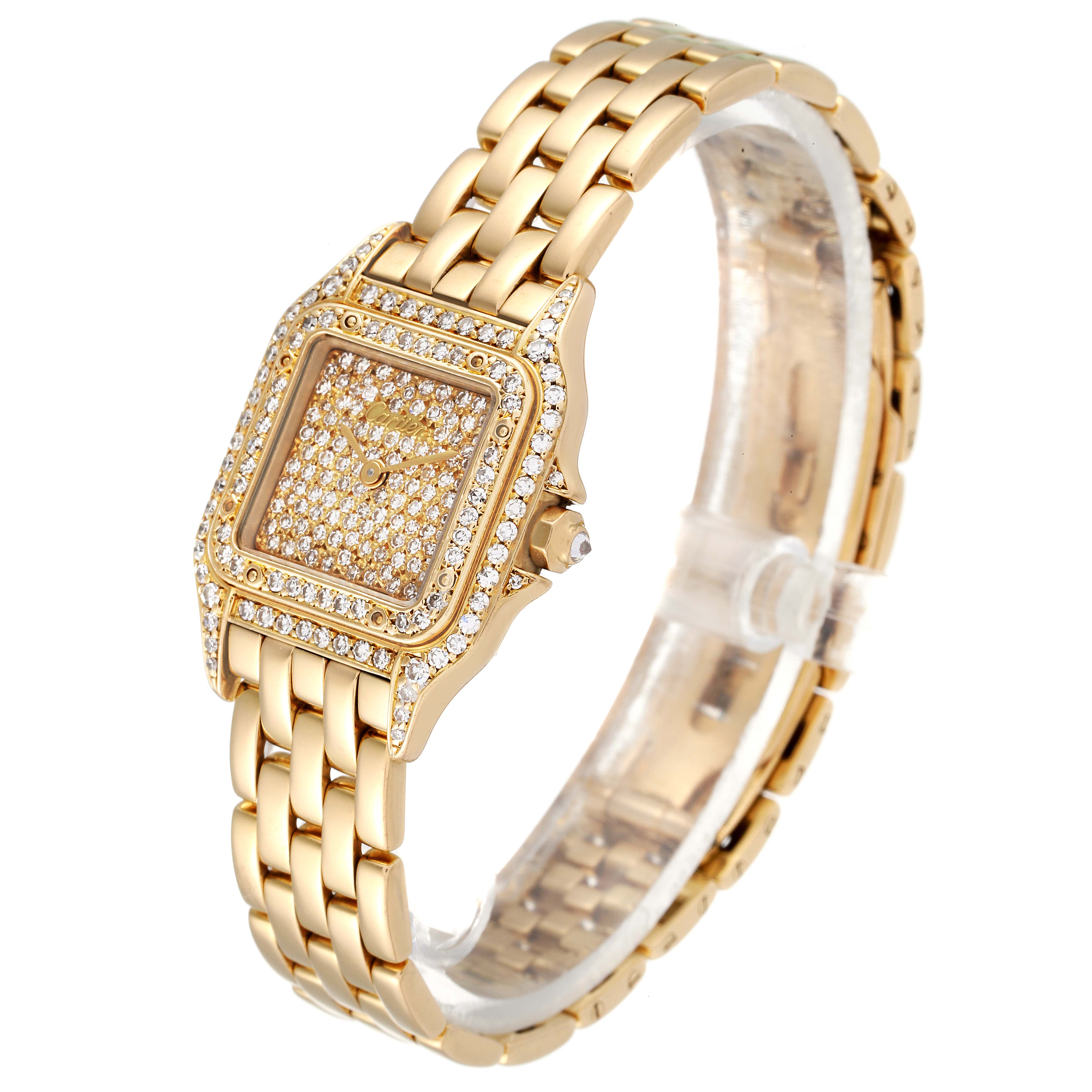 The image shows a Cartier Panthere Women's Yellow Gold Champagne Dial Women's Yellow Gold Champagne Dial watch at an angled view, displaying its diamond-studded face and gold bracelet.