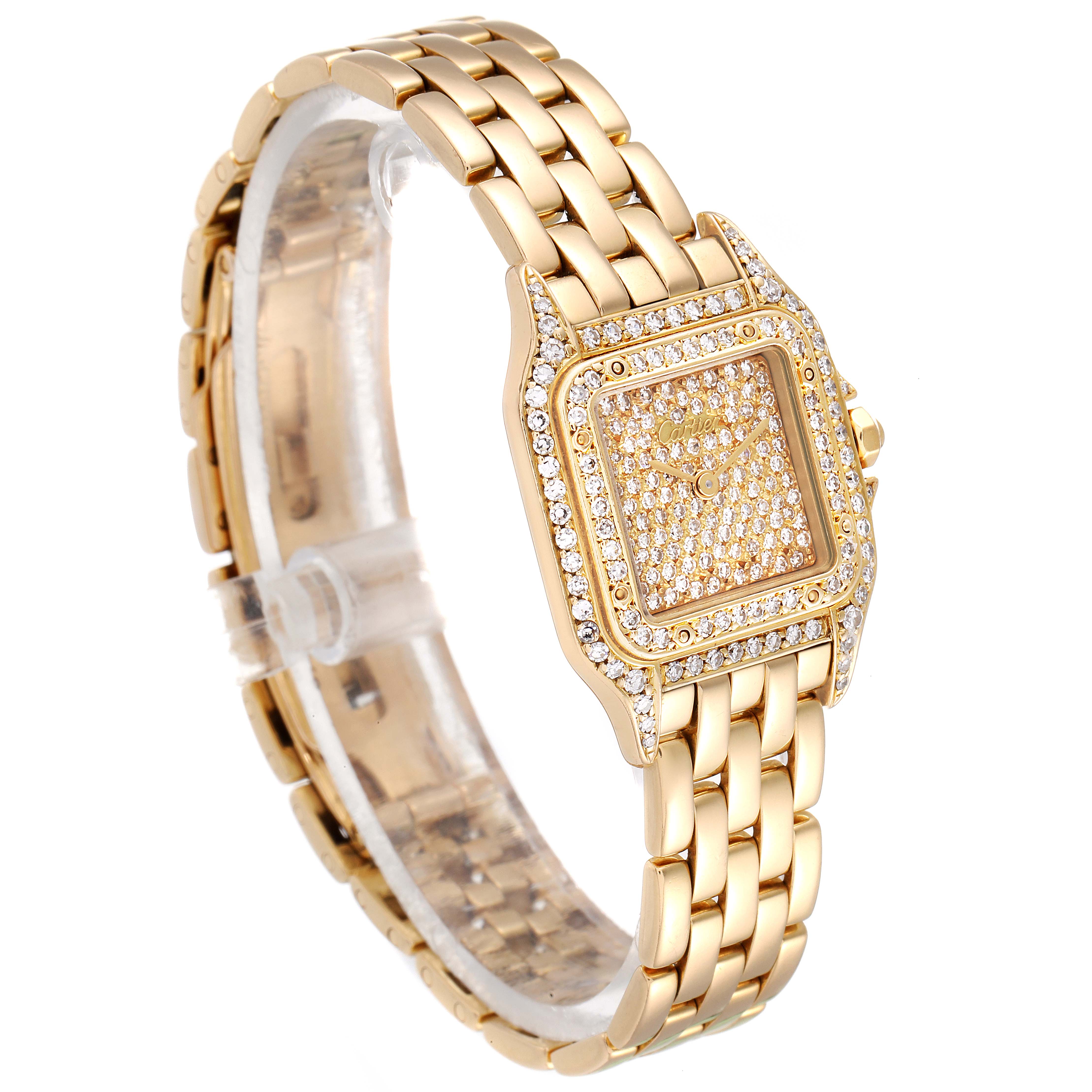 The Cartier Panthere Women's Yellow Gold Champagne Dial Women's Yellow Gold Champagne Dial model watch is shown at a slight angle, showcasing the bracelet, diamond-studded bezel, and dial.