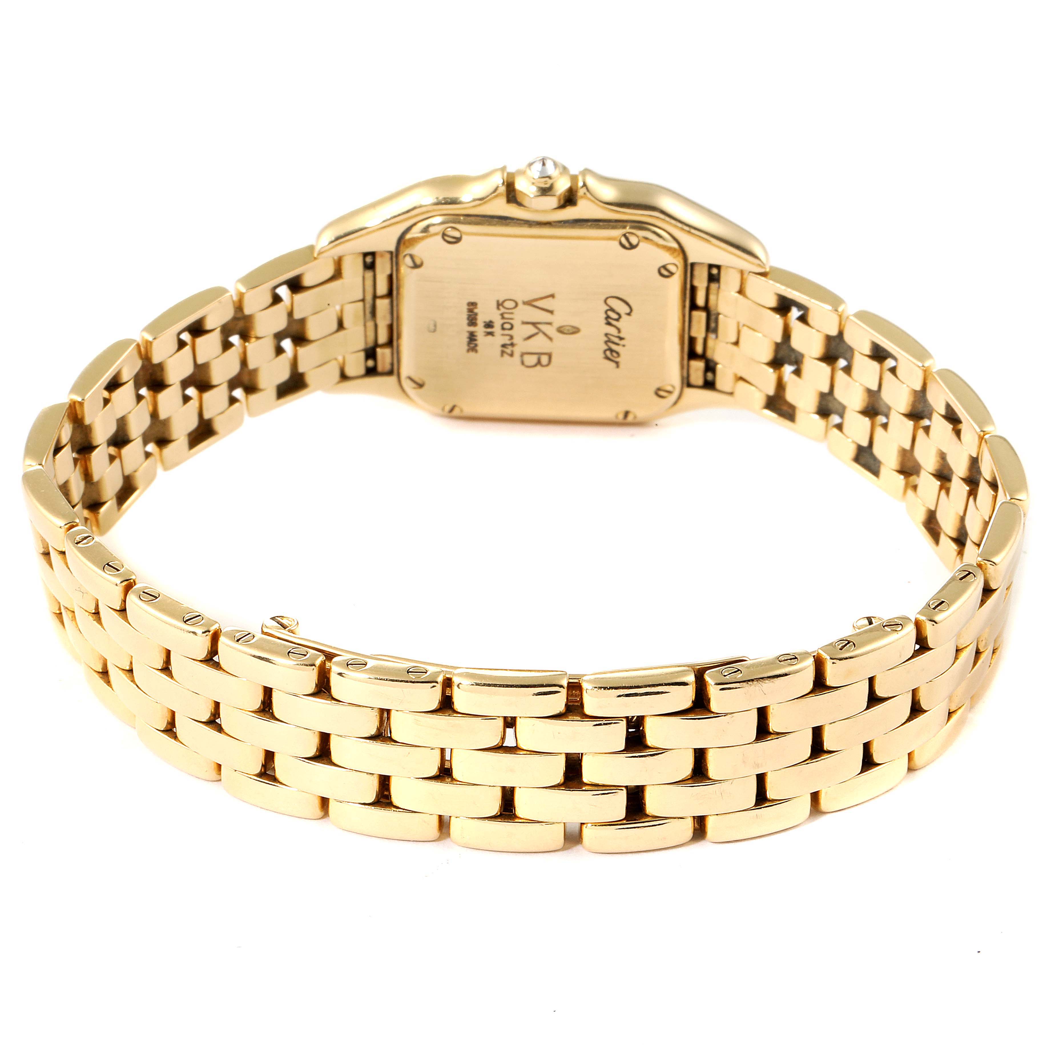 The image shows the back and gold bracelet of a Cartier Panthere Women's Yellow Gold Champagne Dial Women's Yellow Gold Champagne Dial watch.