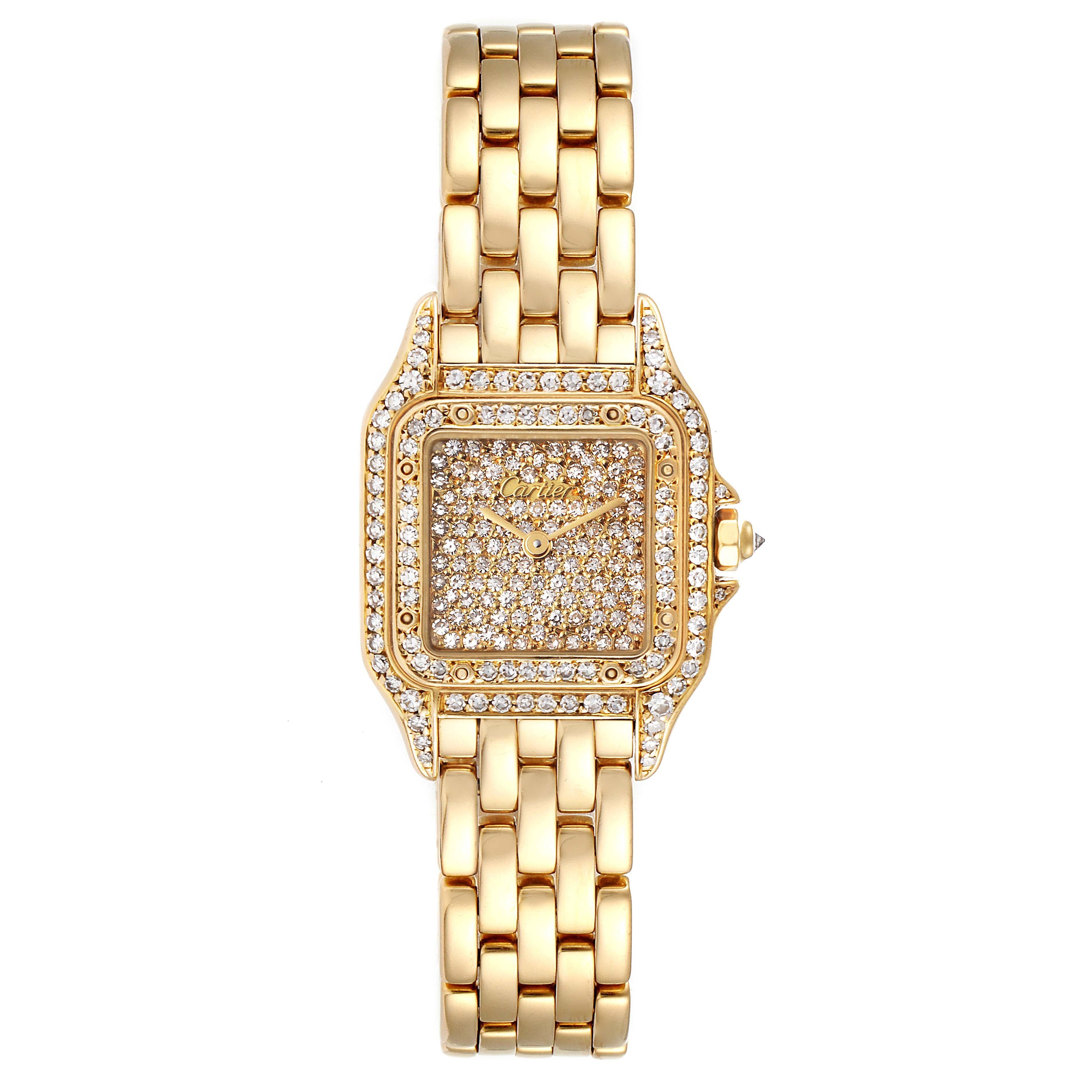 The image shows a front view of the Cartier Panthere Women's Yellow Gold Champagne Dial Women's Yellow Gold Champagne Dial model watch with a gold bracelet and diamond-encrusted face and bezel.