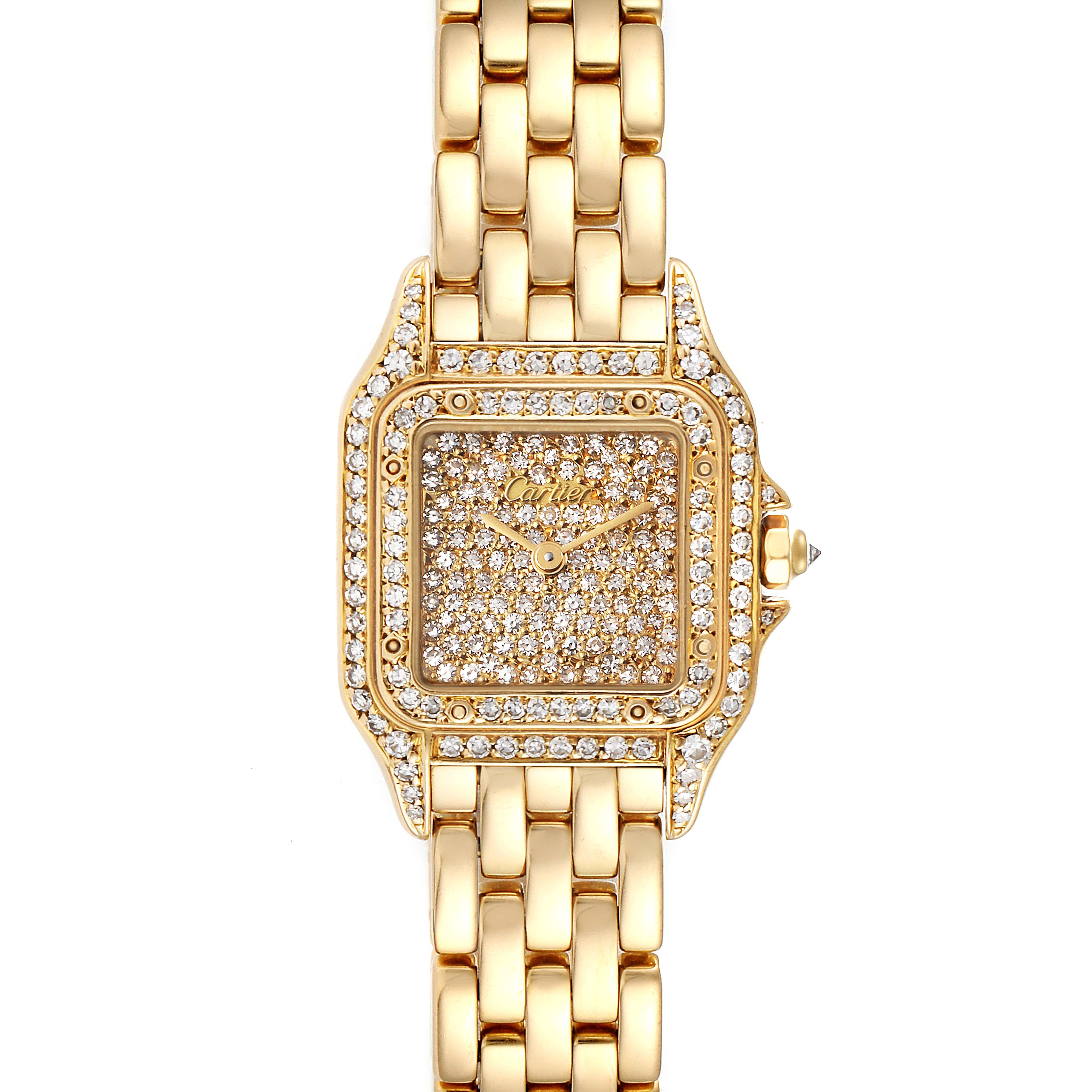 The image shows a top-down view of a Cartier Panthere Women's Yellow Gold Champagne Dial Women's Yellow Gold Champagne Dial model watch, highlighting its gold bracelet and diamond-encrusted face.
