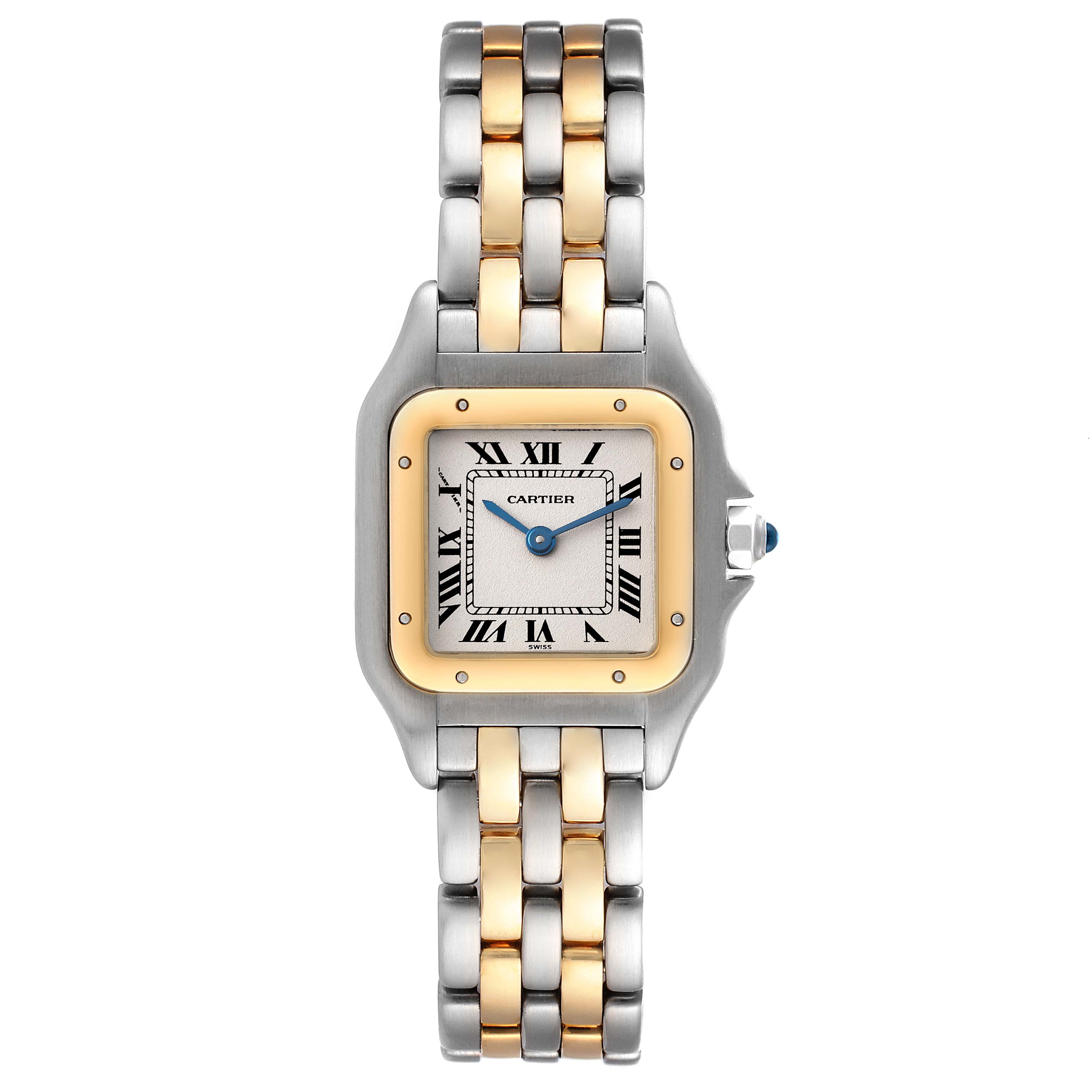 The image shows a Cartier Panthere W25029B6 Women's Yellow Gold Silver Dial W25029B6 Women's Yellow Gold Silver Dial watch from a top-down angle, highlighting its two-tone metal bracelet and square dial.