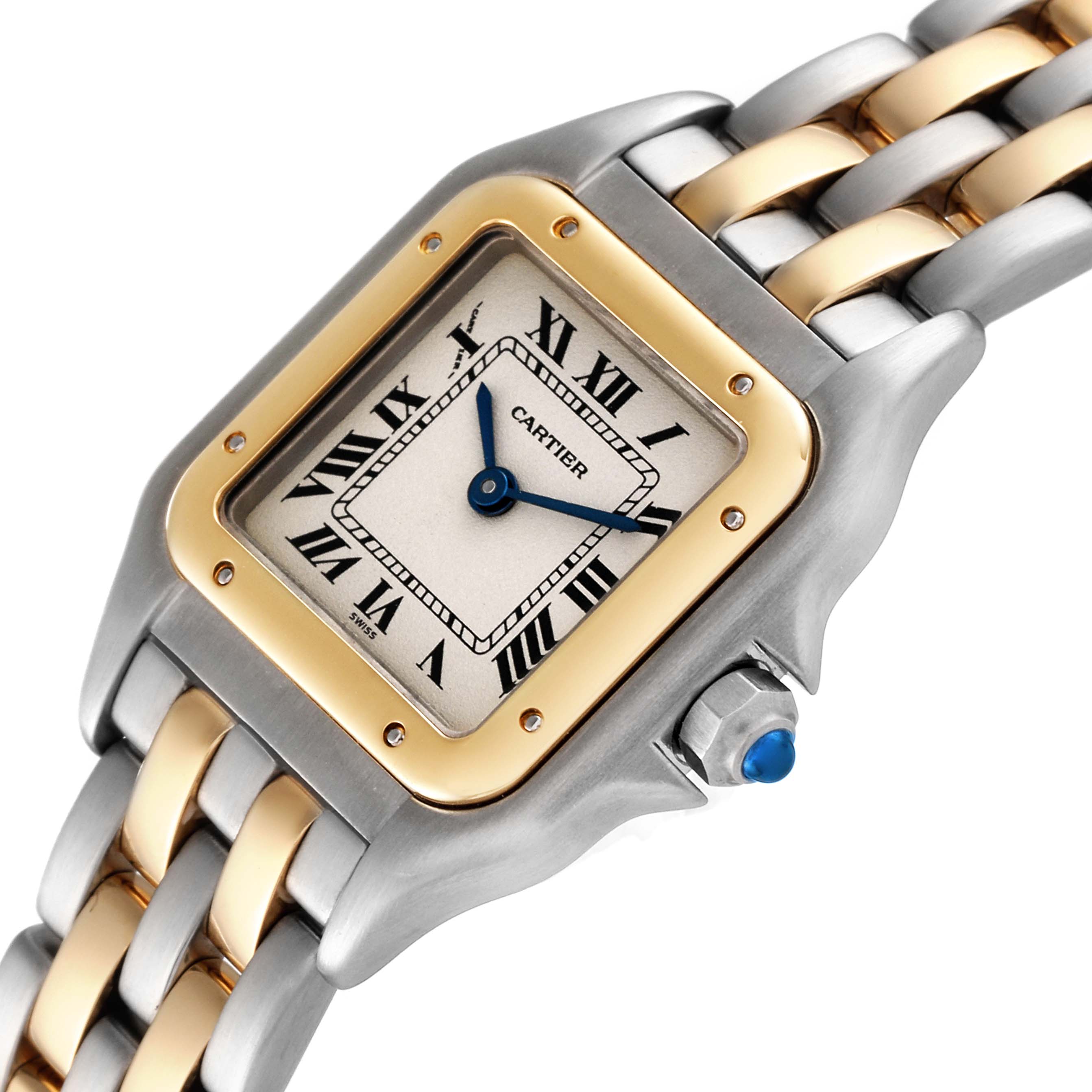 The image shows a close-up of the Cartier Panthere W25029B6 Women's Yellow Gold Silver Dial W25029B6 Women's Yellow Gold Silver Dial watch face and part of its two-tone bracelet from an angled top view.