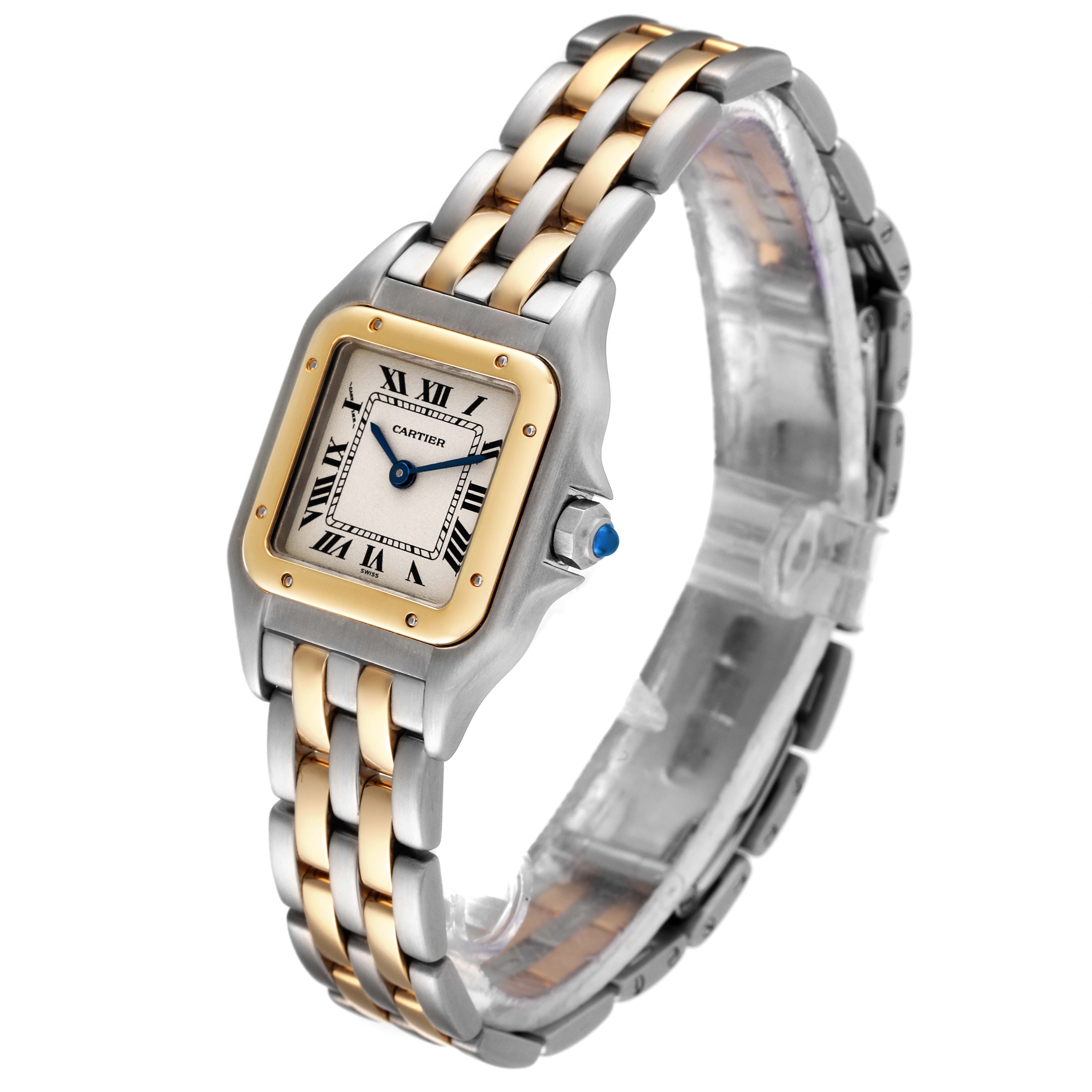 The Cartier Panthere W25029B6 Women's Yellow Gold Silver Dial W25029B6 Women's Yellow Gold Silver Dial watch is shown at a slight angle, displaying its two-tone bracelet, square face, and Roman numeral dial.