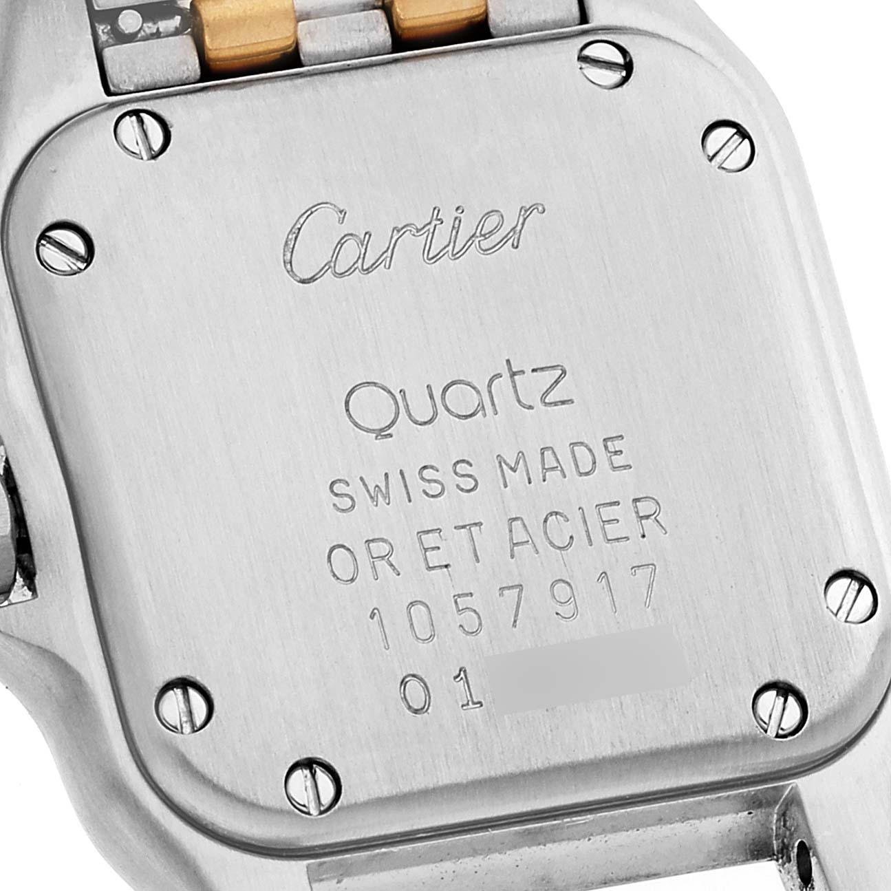This image shows the back view of the Panthere de Cartier watch, highlighting the case back and inscriptions.