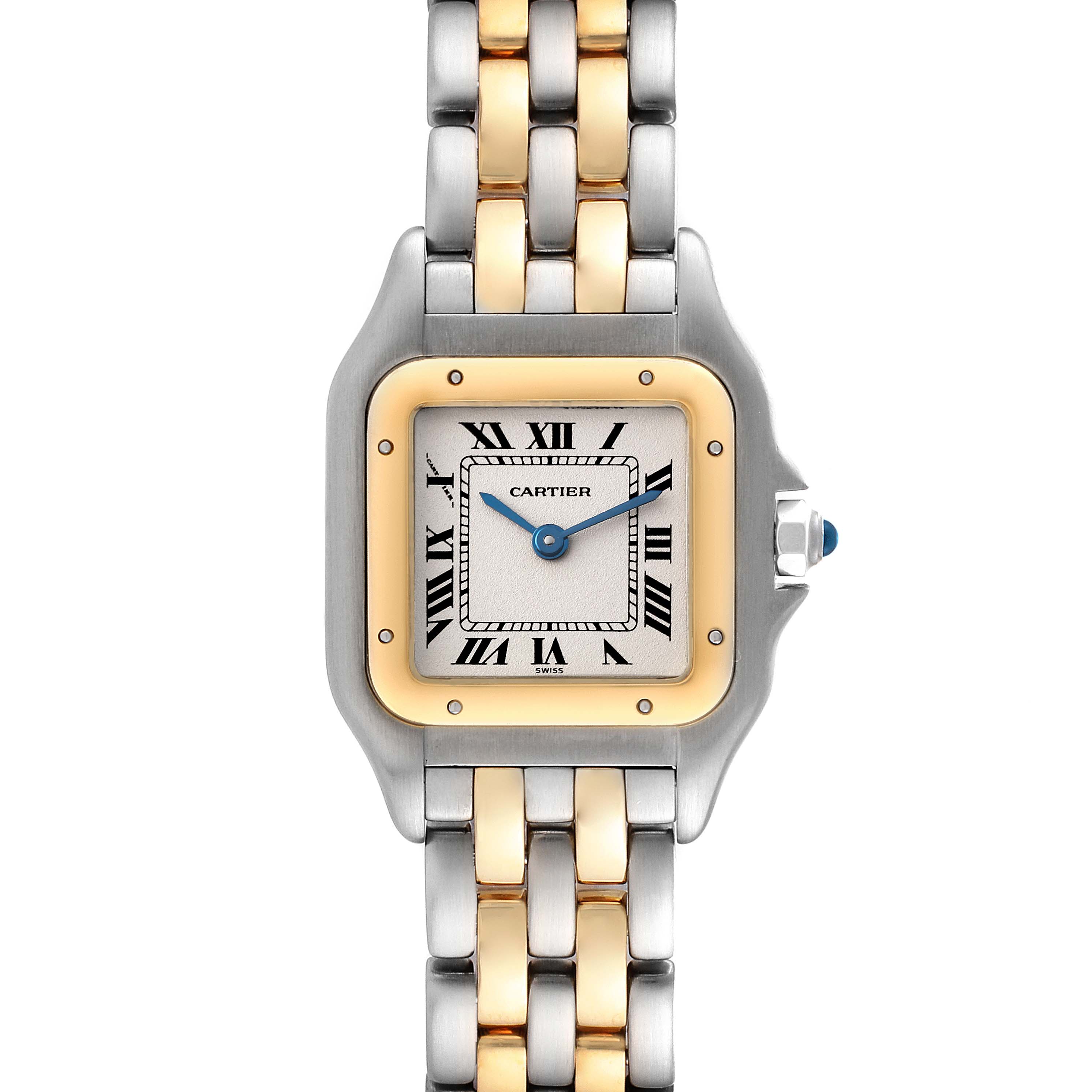 The Cartier Panthere W25029B6 Women's Yellow Gold Silver Dial W25029B6 Women's Yellow Gold Silver Dial watch is shown from the front angle, displaying the face, bezel, crown, and part of the bracelet.