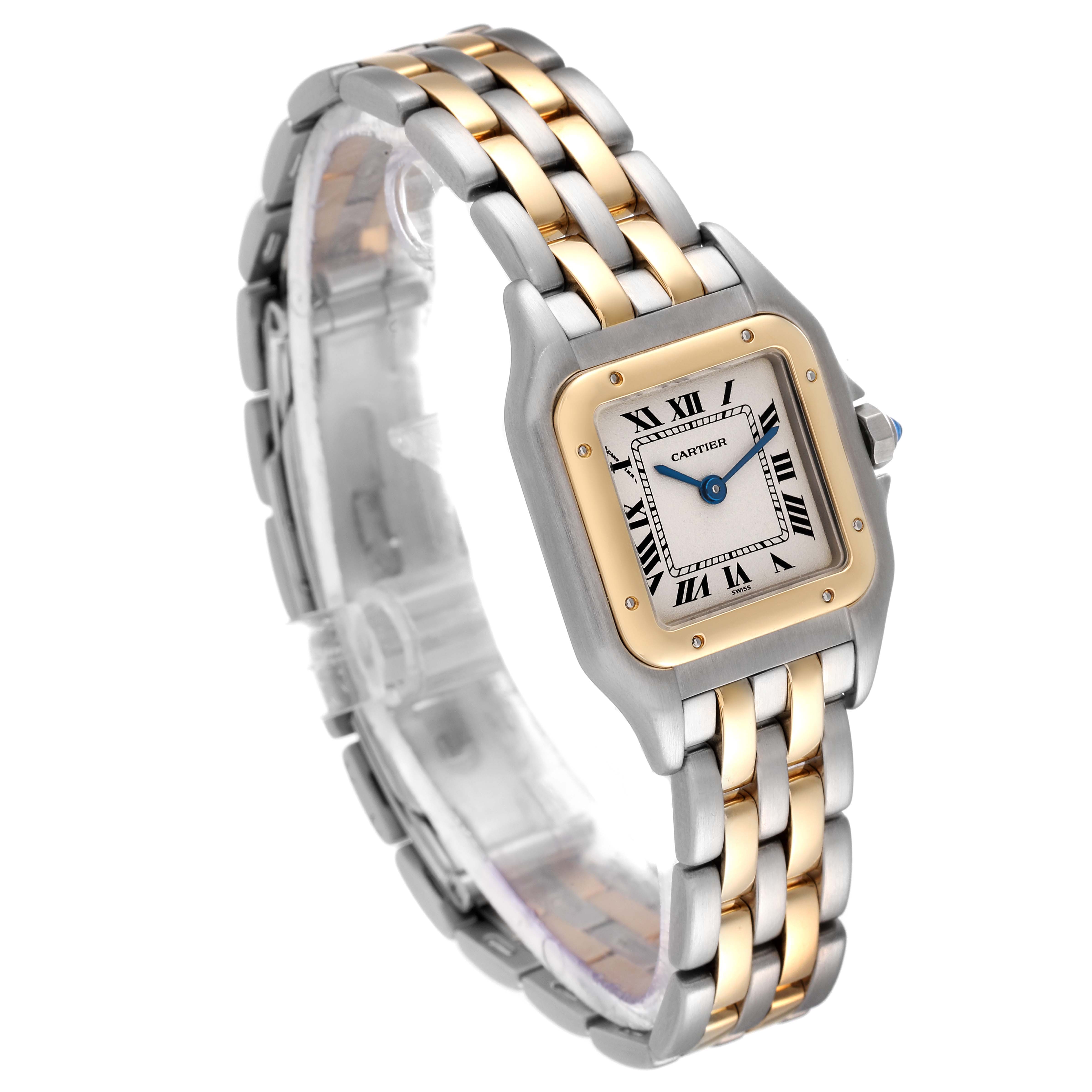 The image shows a Cartier Panthère model watch at a slight angle, highlighting its face, bezel, and two-tone bracelet.