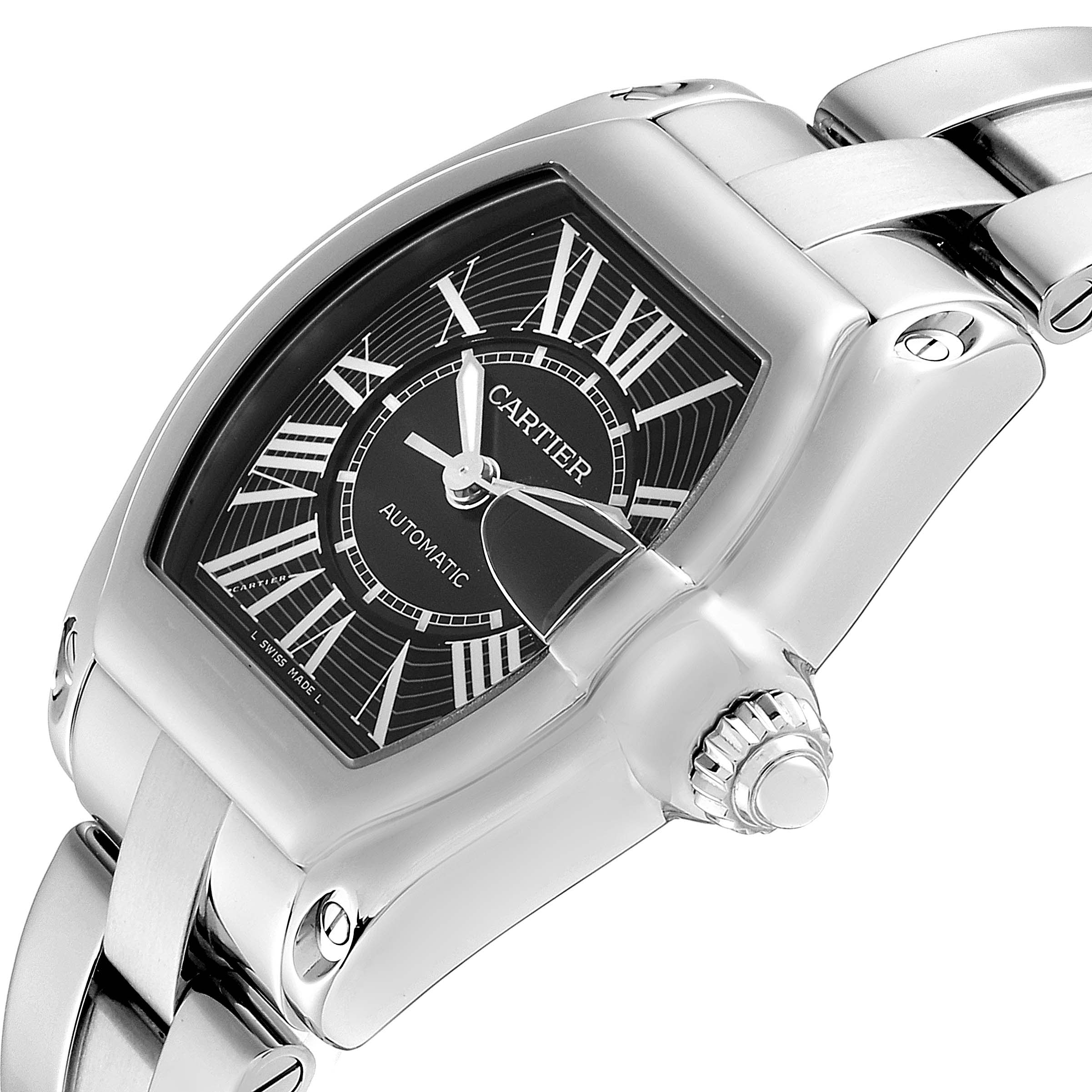 The image shows a Cartier Roadster W62041V3 Men's Stainless Steel Black Dial W62041V3 Men's Stainless Steel Black Dial watch with a side angle highlighting the case, dial, crown, and part of the bracelet.