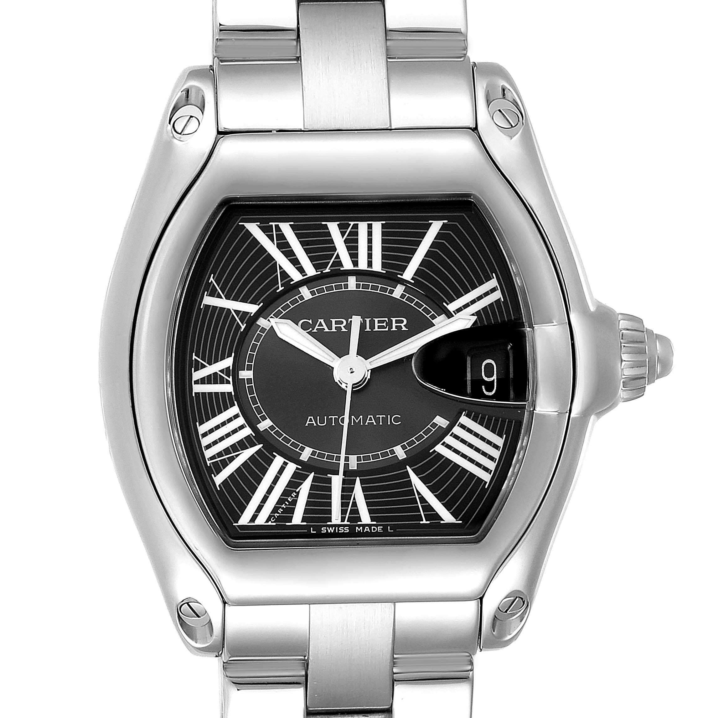 The image shows a Cartier Roadster W62041V3 Men's Stainless Steel Black Dial W62041V3 Men's Stainless Steel Black Dial watch from a front angle, highlighting its face, bezel, and part of the bracelet.