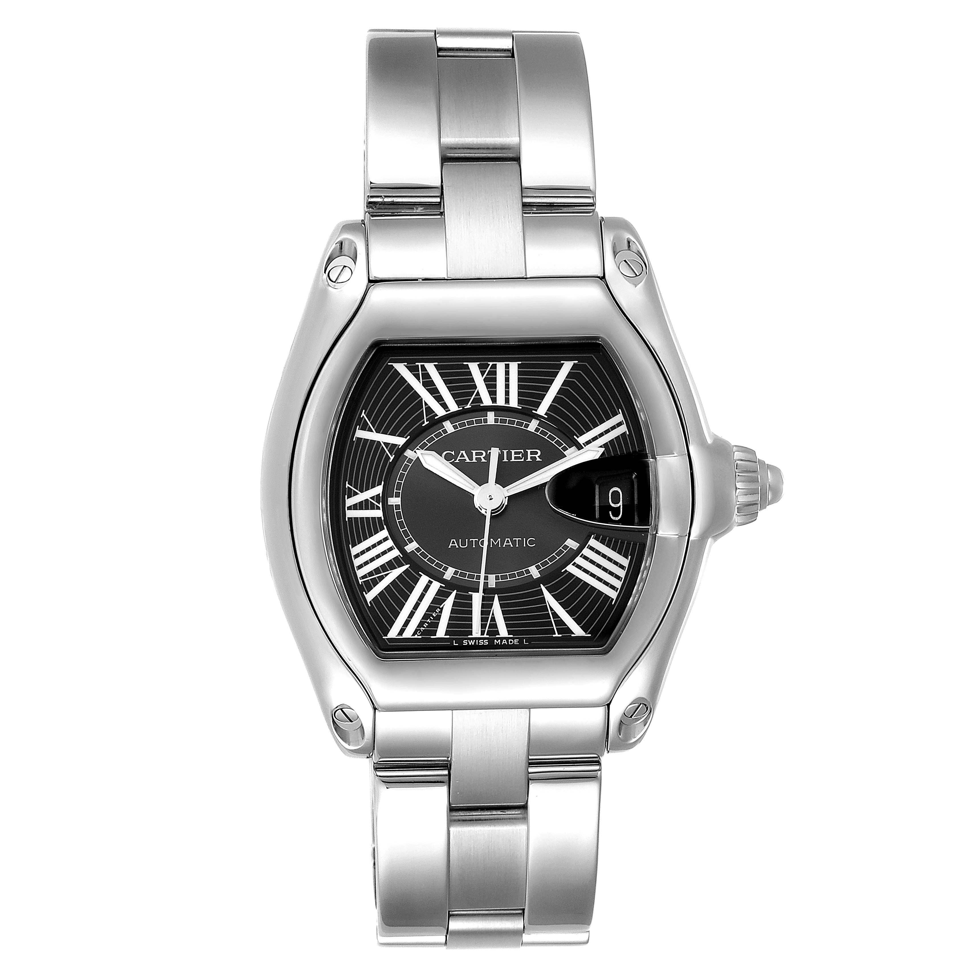 The image shows a front angle view of the Cartier Roadster W62041V3 Men's Stainless Steel Black Dial W62041V3 Men's Stainless Steel Black Dial watch, displaying its dial, Roman numerals, date window, and metal bracelet.