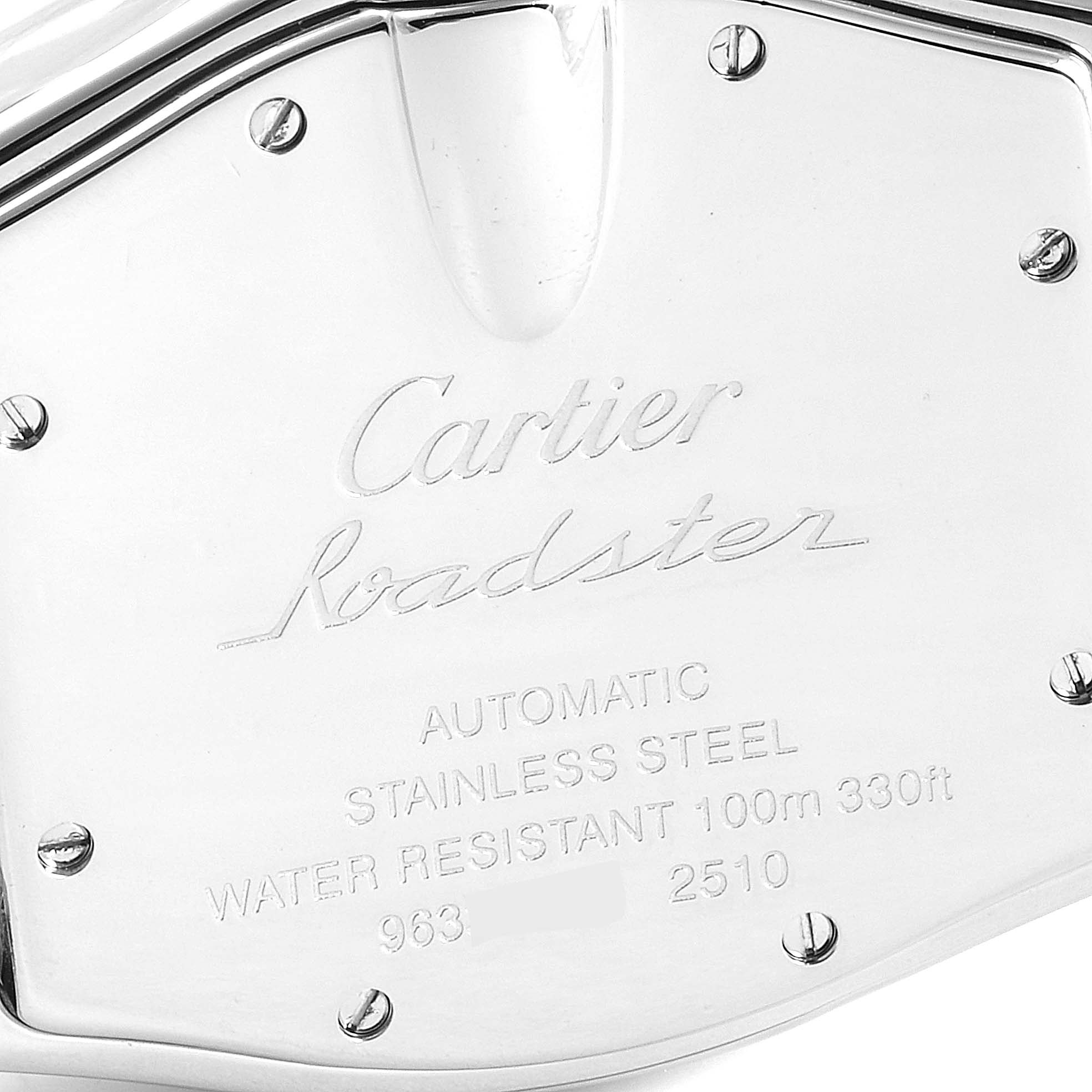 This image shows the back case of a Cartier Roadster W62041V3 Men's Stainless Steel Black Dial W62041V3 Men's Stainless Steel Black Dial watch, highlighting its engravings and screws.
