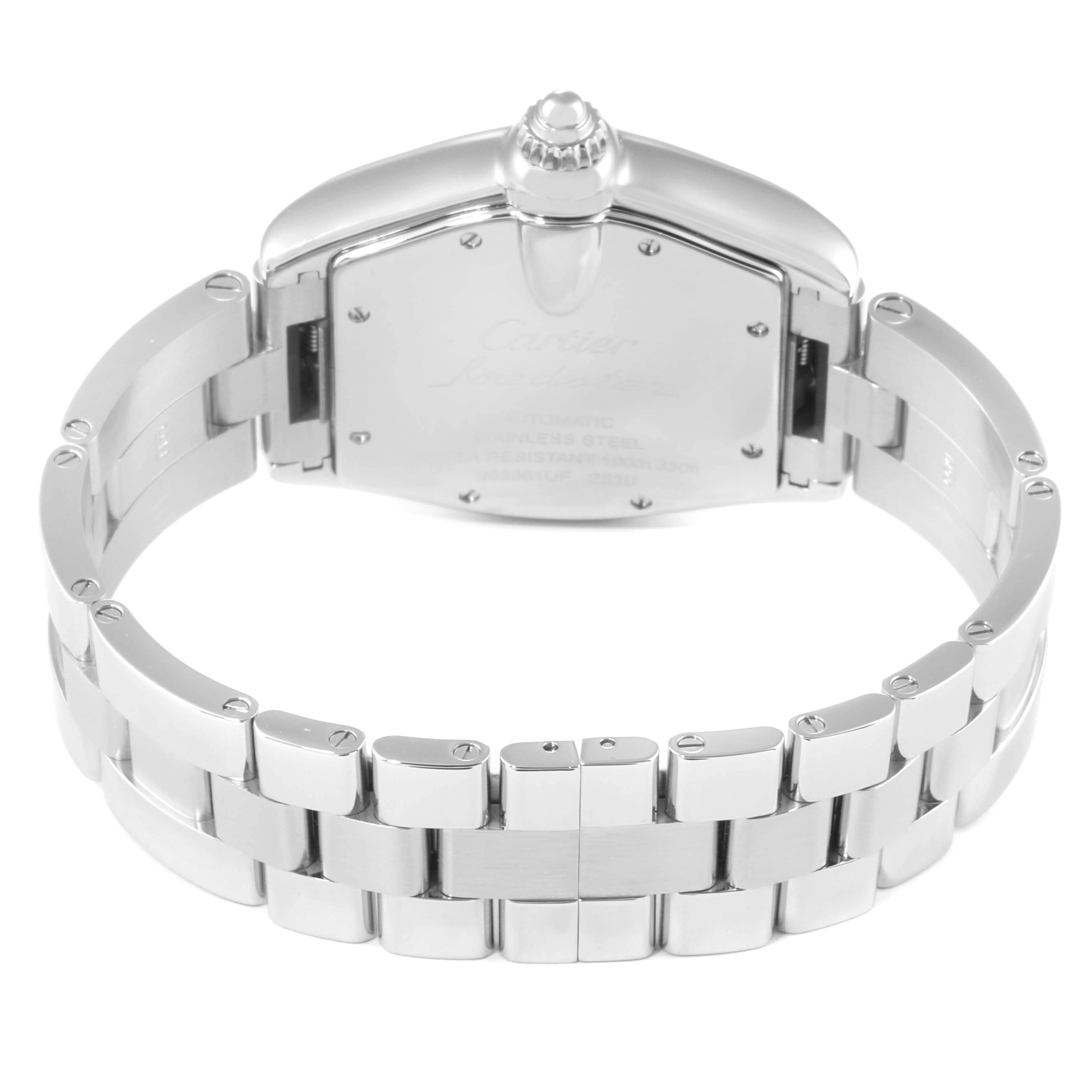 This image shows the back view and bracelet clasp of the Cartier Roadster W62041V3 Men's Stainless Steel Black Dial W62041V3 Men's Stainless Steel Black Dial watch.