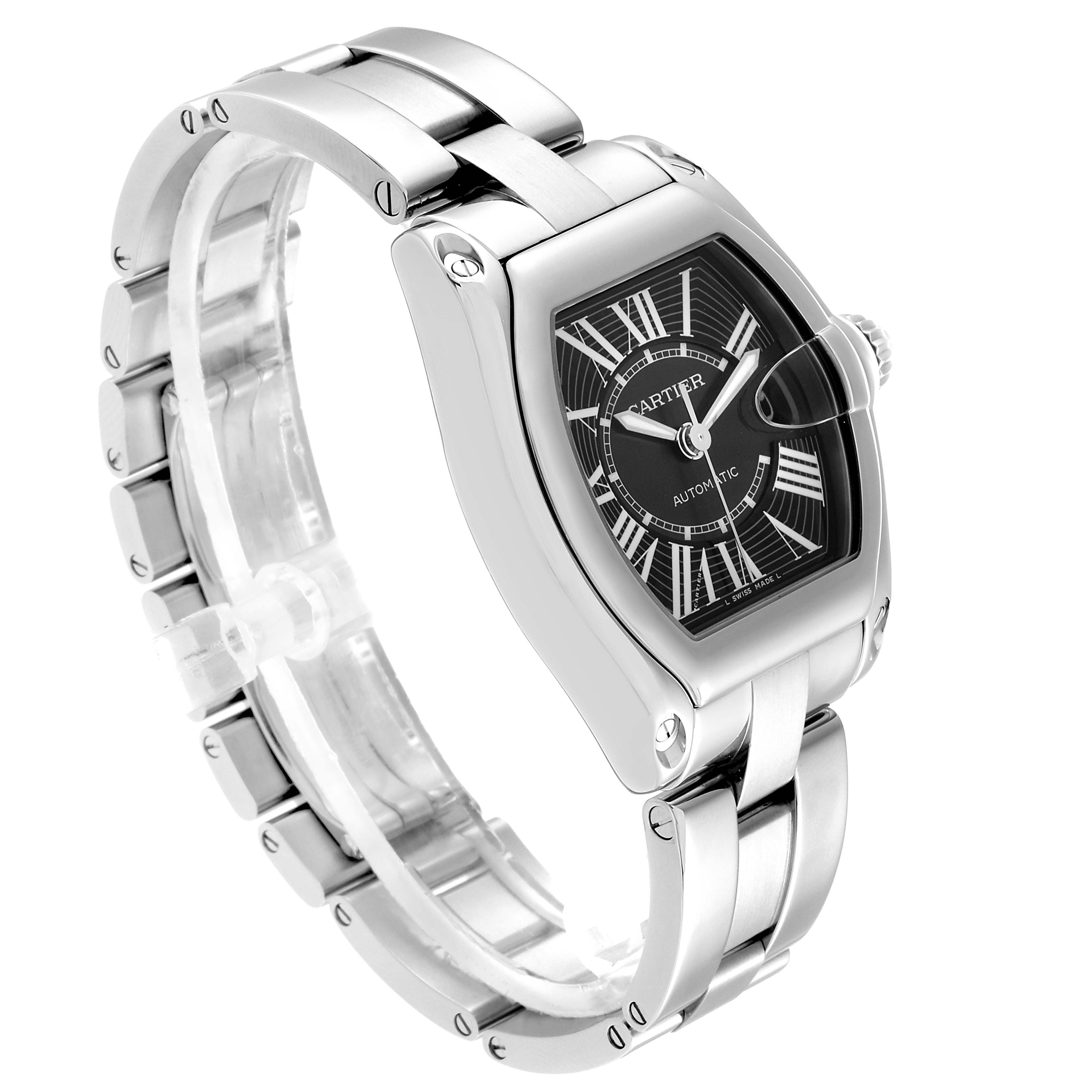 This image shows a side angle of a Cartier Roadster W62041V3 Men's Stainless Steel Black Dial W62041V3 Men's Stainless Steel Black Dial watch, highlighting its stainless steel case, bracelet, and black dial.