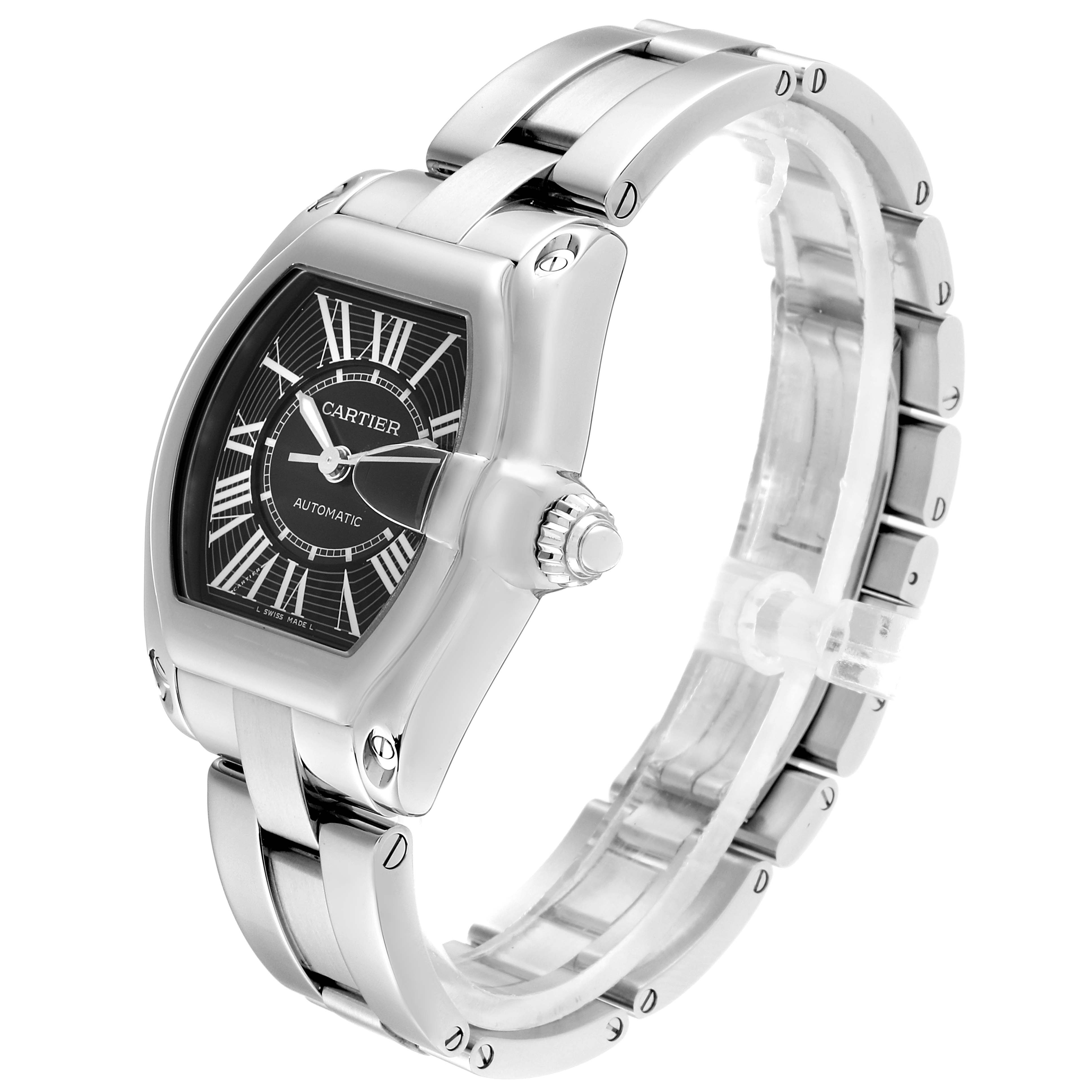 The Cartier Roadster W62041V3 Men's Stainless Steel Black Dial W62041V3 Men's Stainless Steel Black Dial watch is shown from an angled side view, displaying its stainless steel band and distinctive dial.