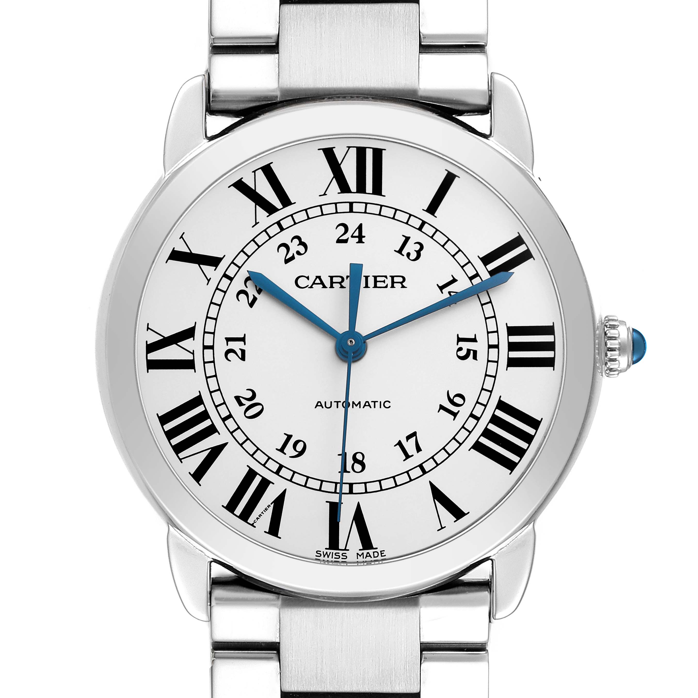 The Cartier Ronde WSRN0012 Men
s Stainless Steel Silver Dial watch is shown from the front, displaying the face, Roman numerals, blue hands, and part of the bracelet.