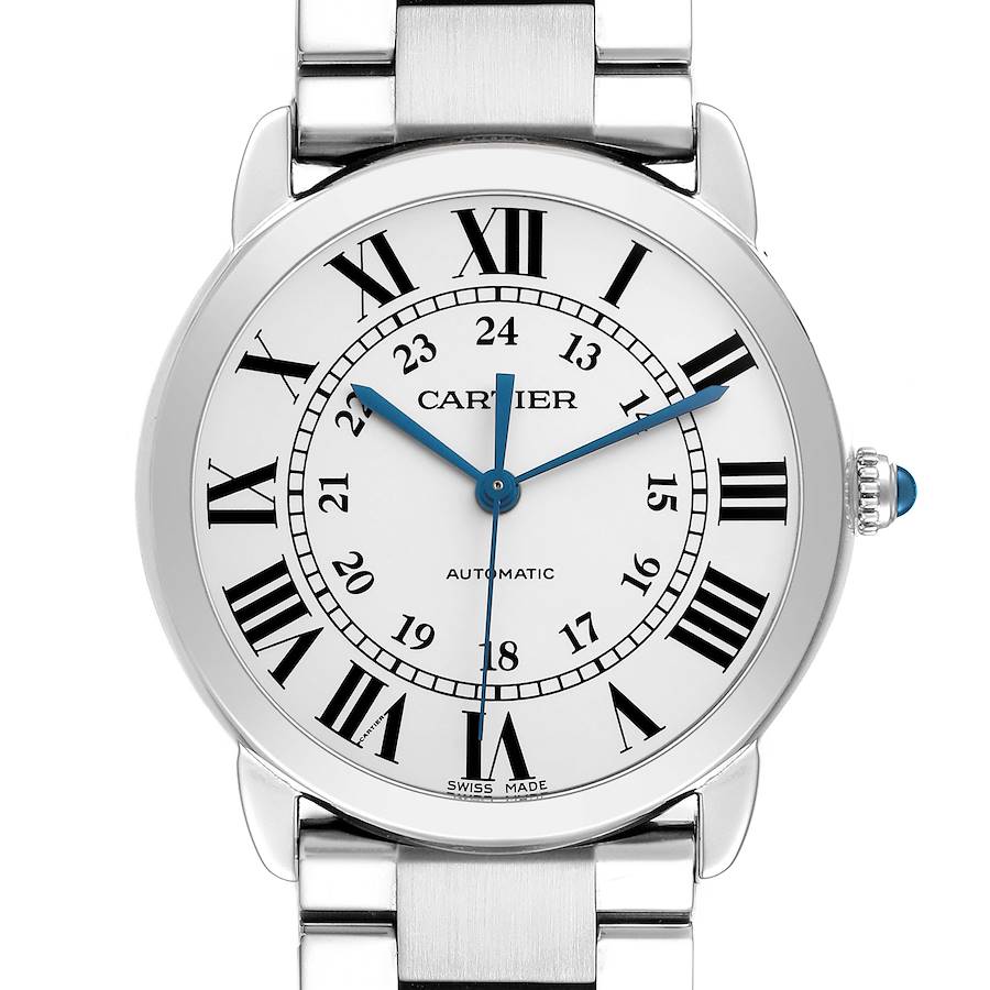 The Cartier Ronde WSRN0012 Men's Stainless Steel Silver Dial watch is shown from the front, displaying the face, Roman numerals, blue hands, and part of the bracelet.