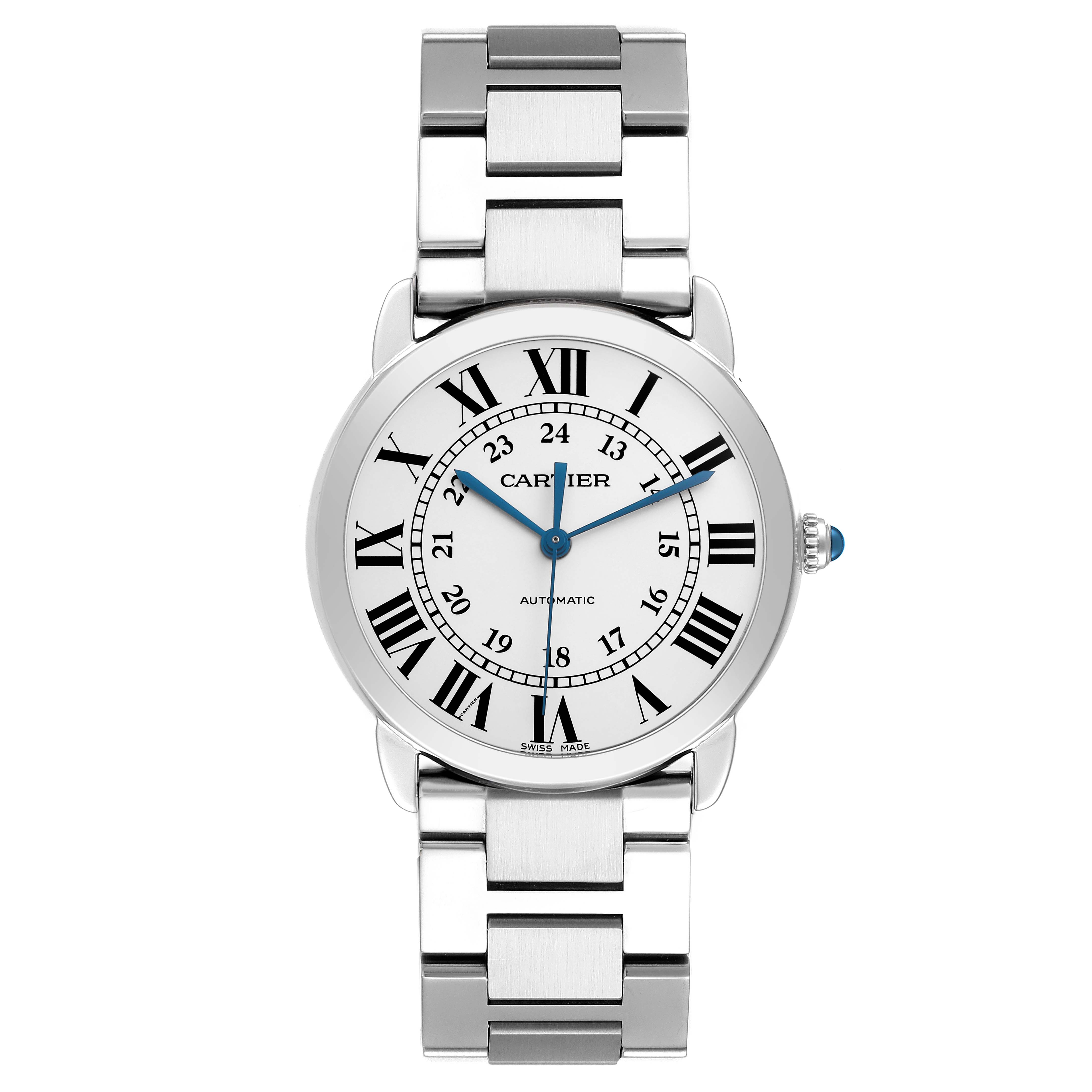 The Cartier Ronde WSRN0012 Men
s Stainless Steel Silver Dial watch is shown from the front, displaying its face, Roman numerals, hands, and metal bracelet.