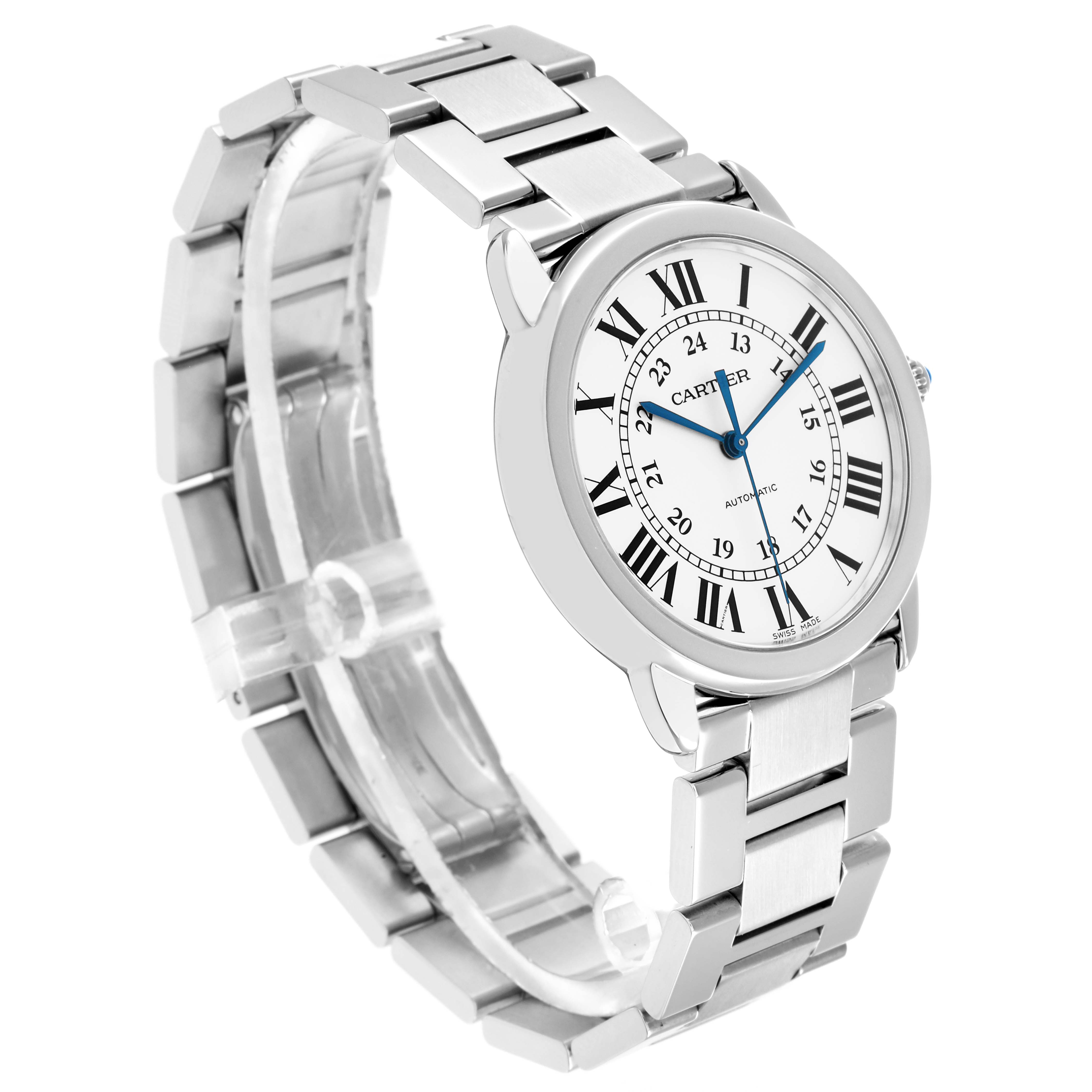 The Cartier Ronde WSRN0012 Men
s Stainless Steel Silver Dial watch is shown at an angled view, highlighting the face, Roman numerals, blue hands, and stainless steel bracelet.