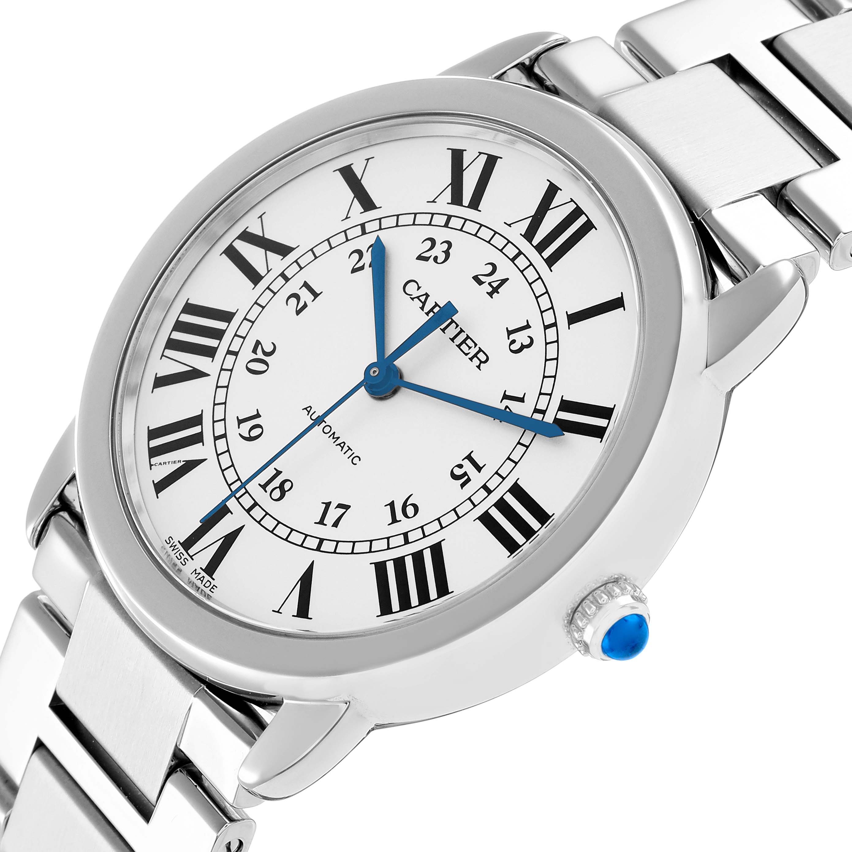 The Cartier Ronde WSRN0012 Men
s Stainless Steel Silver Dial watch is shown from a slight side angle, highlighting its face, Roman numerals, blue hands, and metal bracelet.