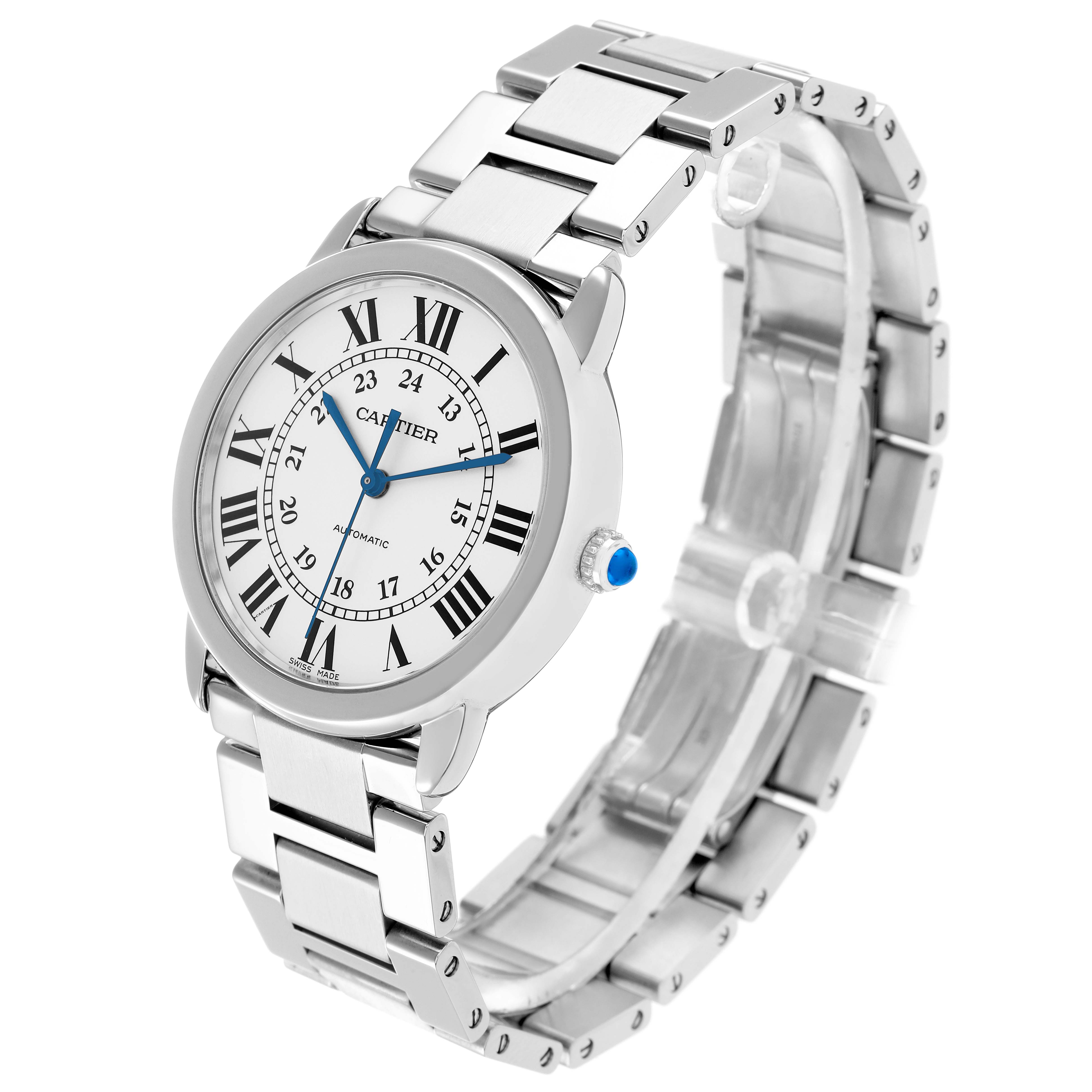 The Cartier Ronde WSRN0012 Men
s Stainless Steel Silver Dial watch is shown at a three-quarter angle, displaying the face, bracelet, and crown.