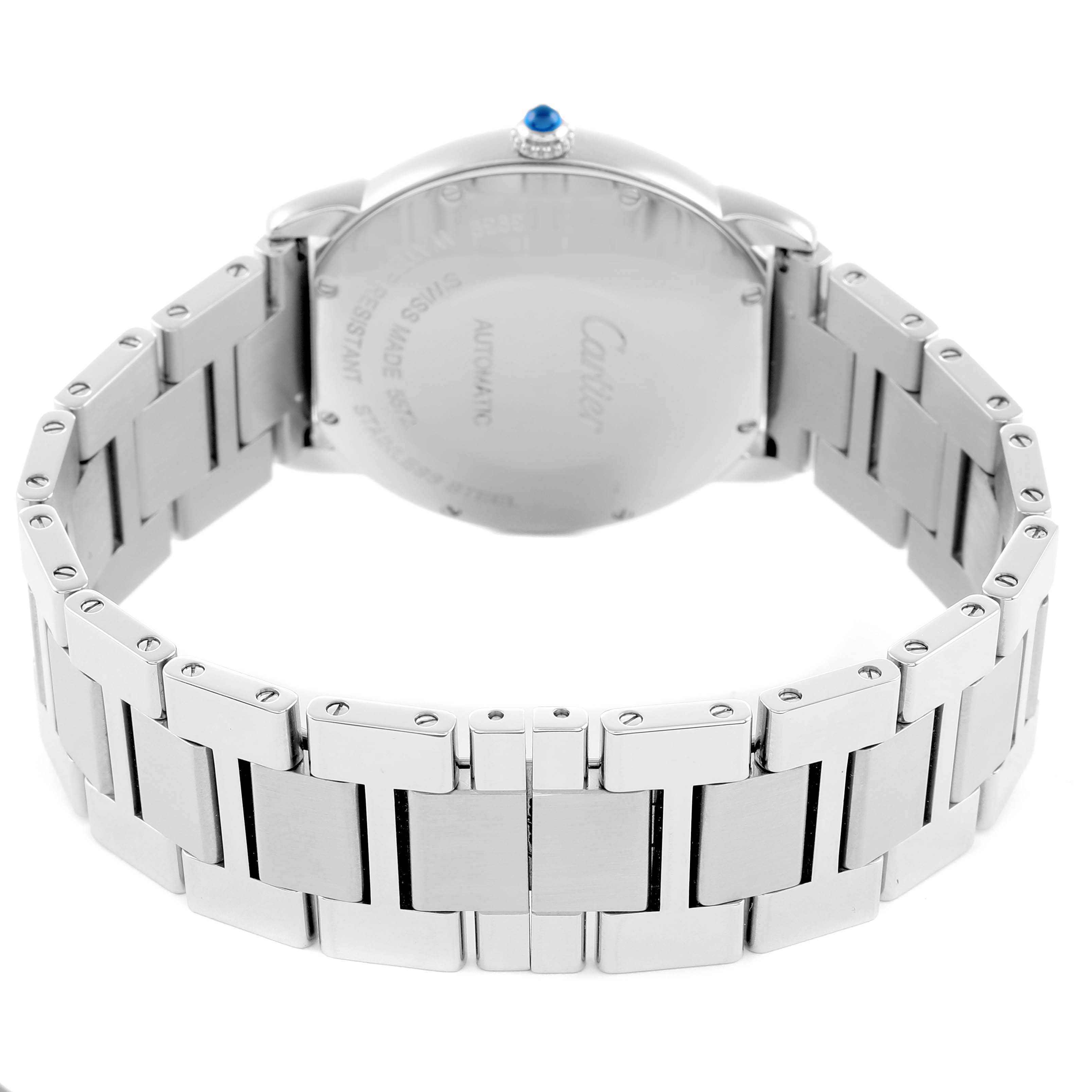 The image shows the back of a Cartier Ronde WSRN0012 Men
s Stainless Steel Silver Dial watch, highlighting the bracelet and case back with a crown and blue cabochon.