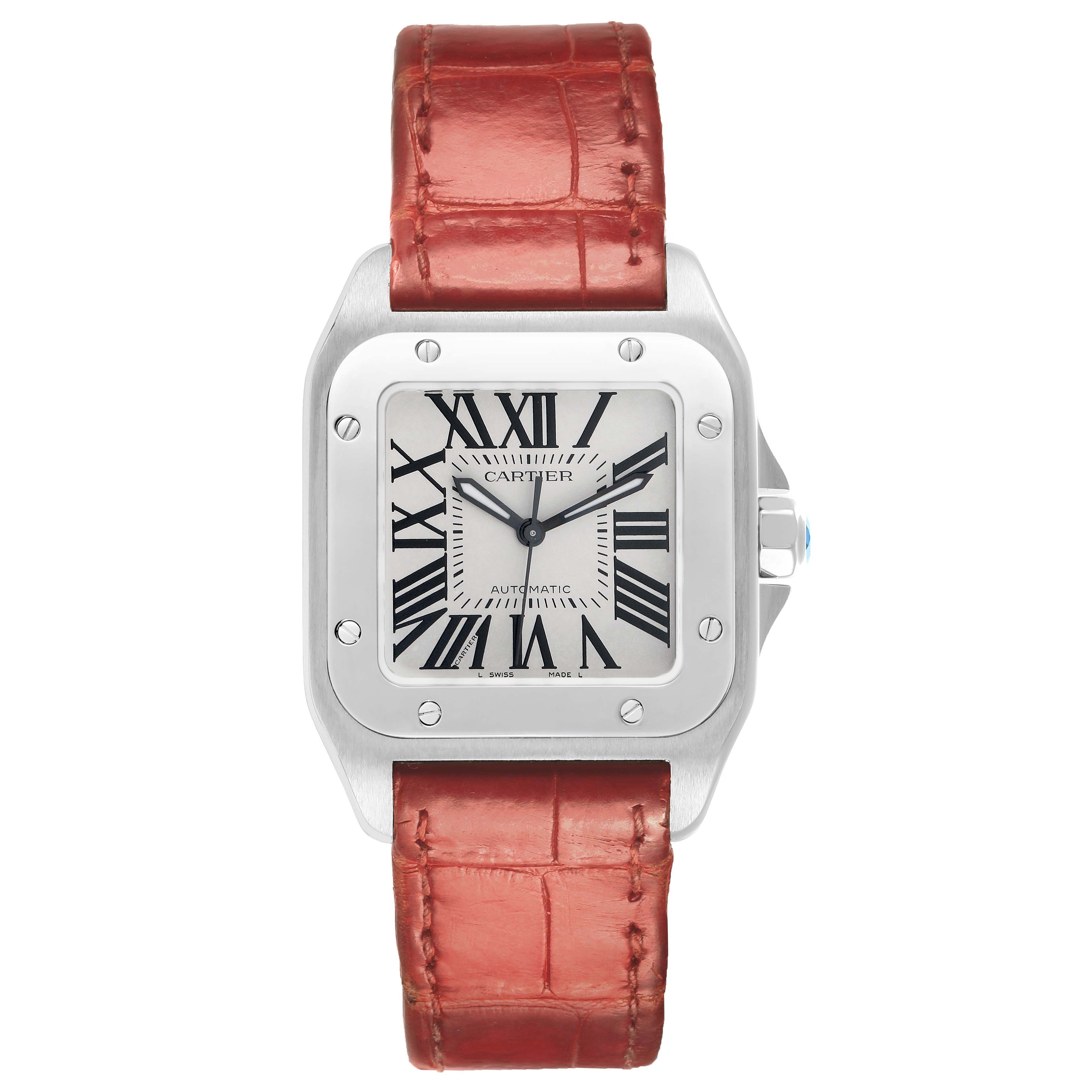 The Cartier Santos W20126X8 Men
s Stainless Steel Silver Dial watch is shown from a front view, featuring its square dial, Roman numerals, and red leather strap.
