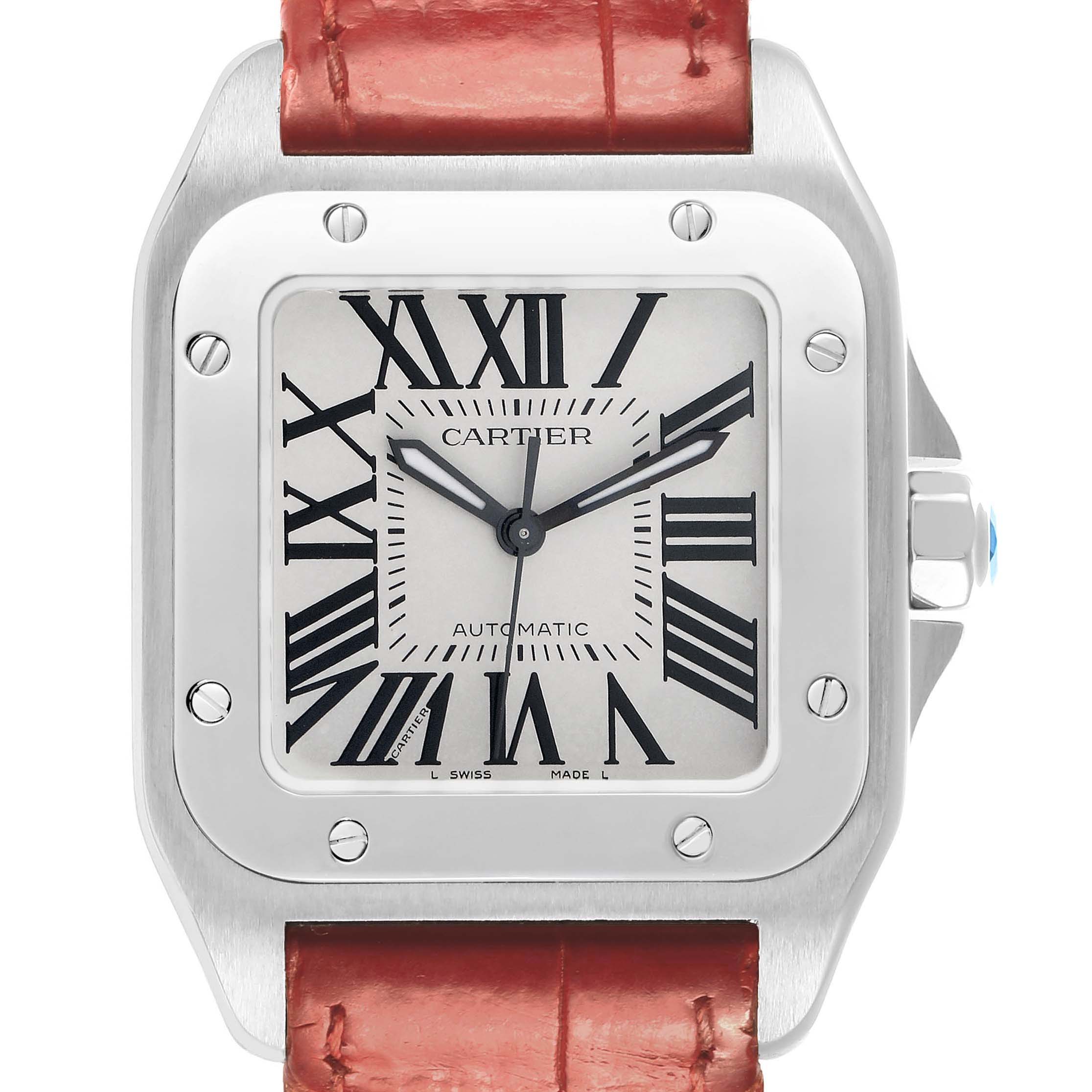 The Cartier Santos W20126X8 Men
s Stainless Steel Silver Dial watch is shown from the front, highlighting the square face, Roman numerals, and a part of the strap.