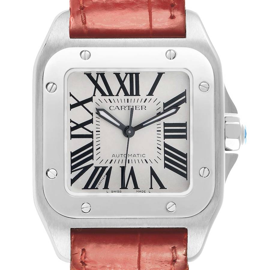 The Cartier Santos W20126X8 Men's Stainless Steel Silver Dial watch is shown from the front, highlighting the square face, Roman numerals, and a part of the strap.