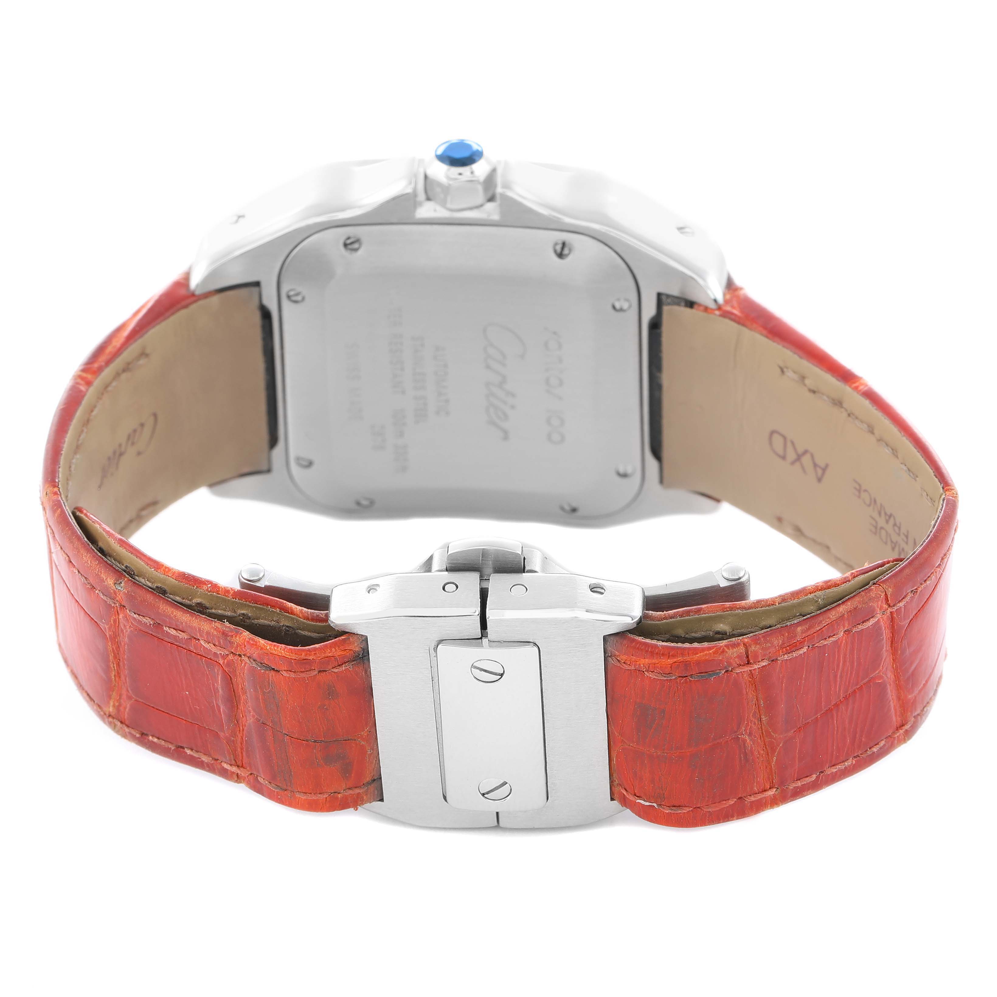 The image shows the back of a Cartier Santos W20126X8 Men
s Stainless Steel Silver Dial watch with a visible clasp and red leather strap.