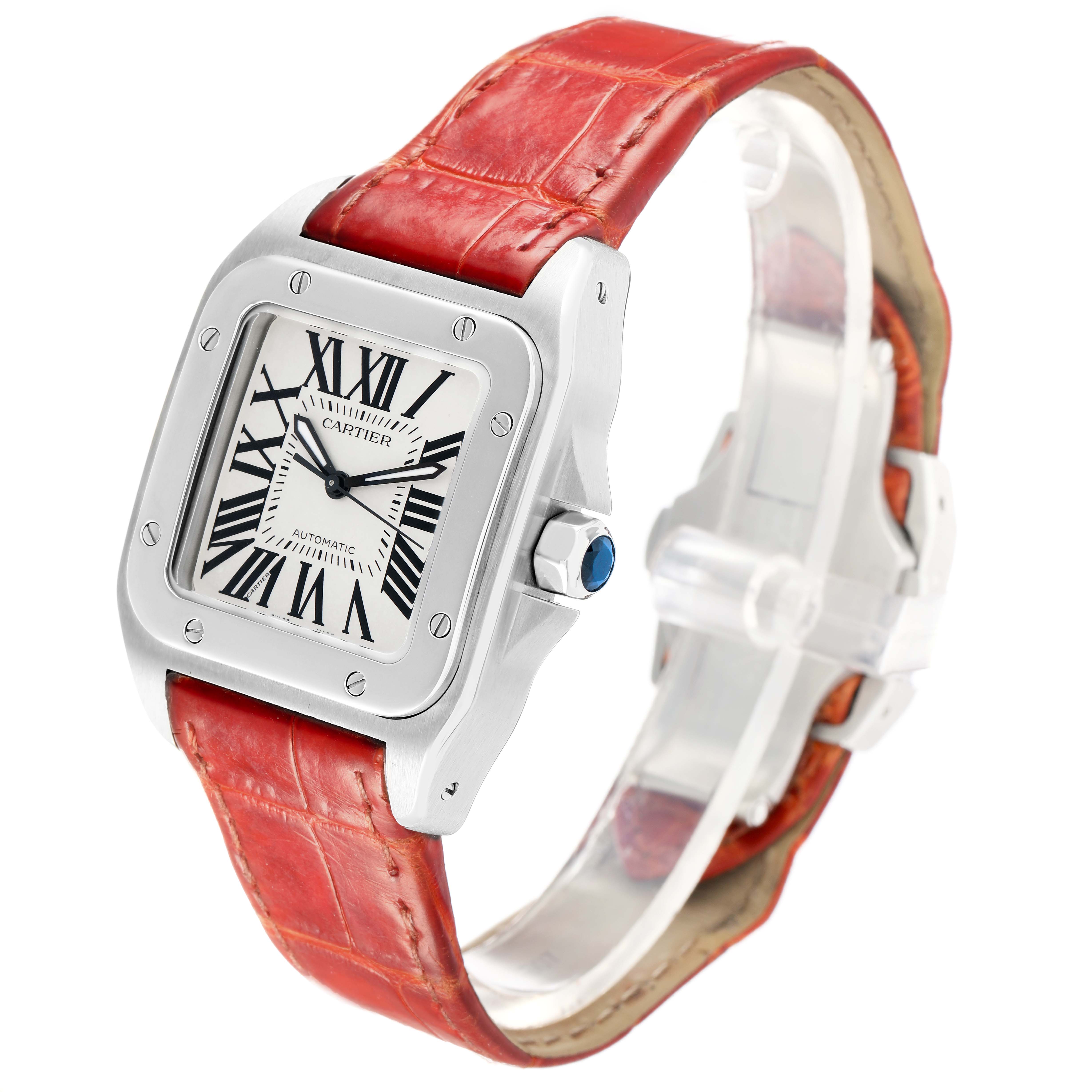 The Cartier Santos W20126X8 Men
s Stainless Steel Silver Dial watch is shown in a three-quarter angle, highlighting its square face, Roman numerals, and red leather strap.