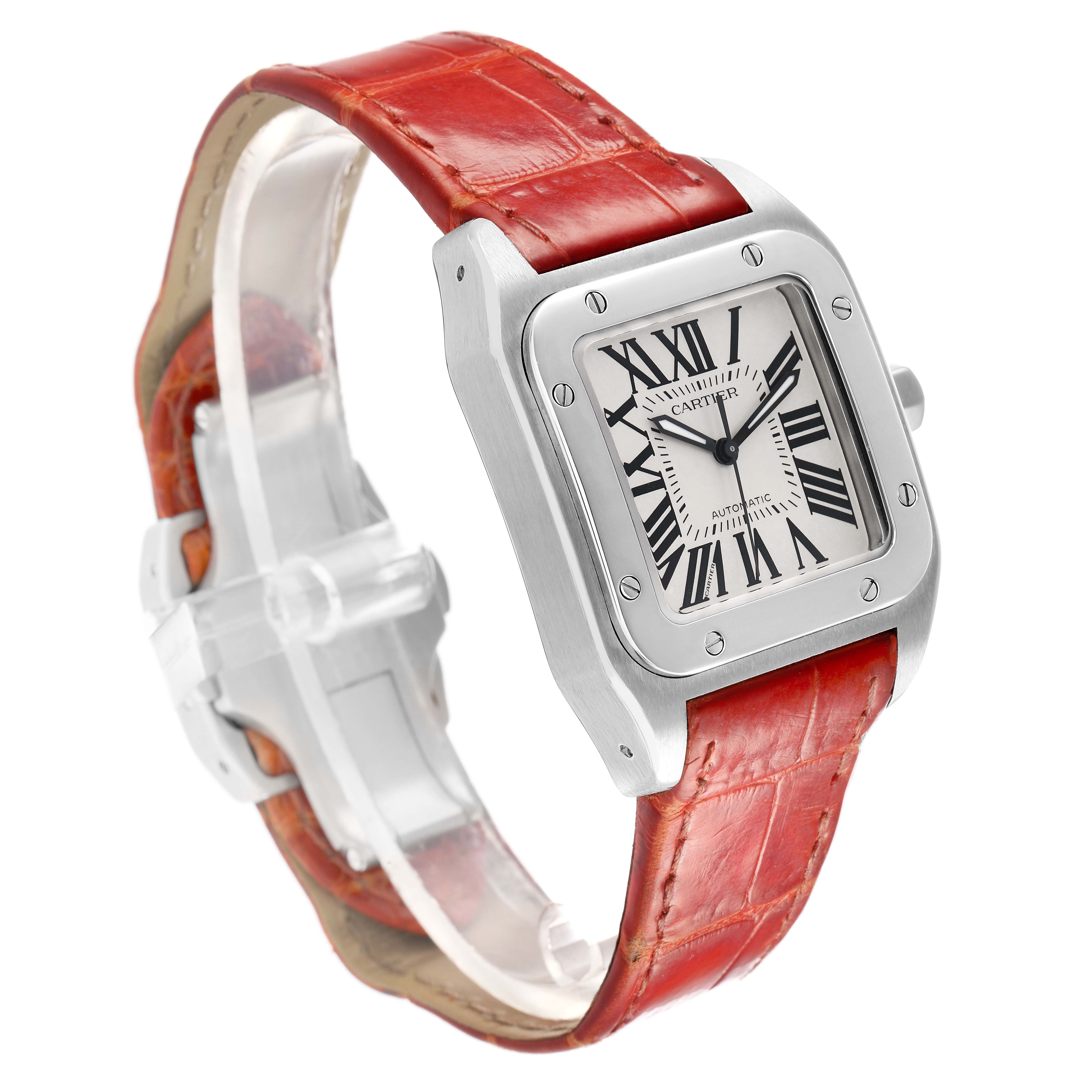The Cartier Santos W20126X8 Men
s Stainless Steel Silver Dial watch is shown from a three-quarter angle, highlighting its square case, red strap, and Roman numeral dial.