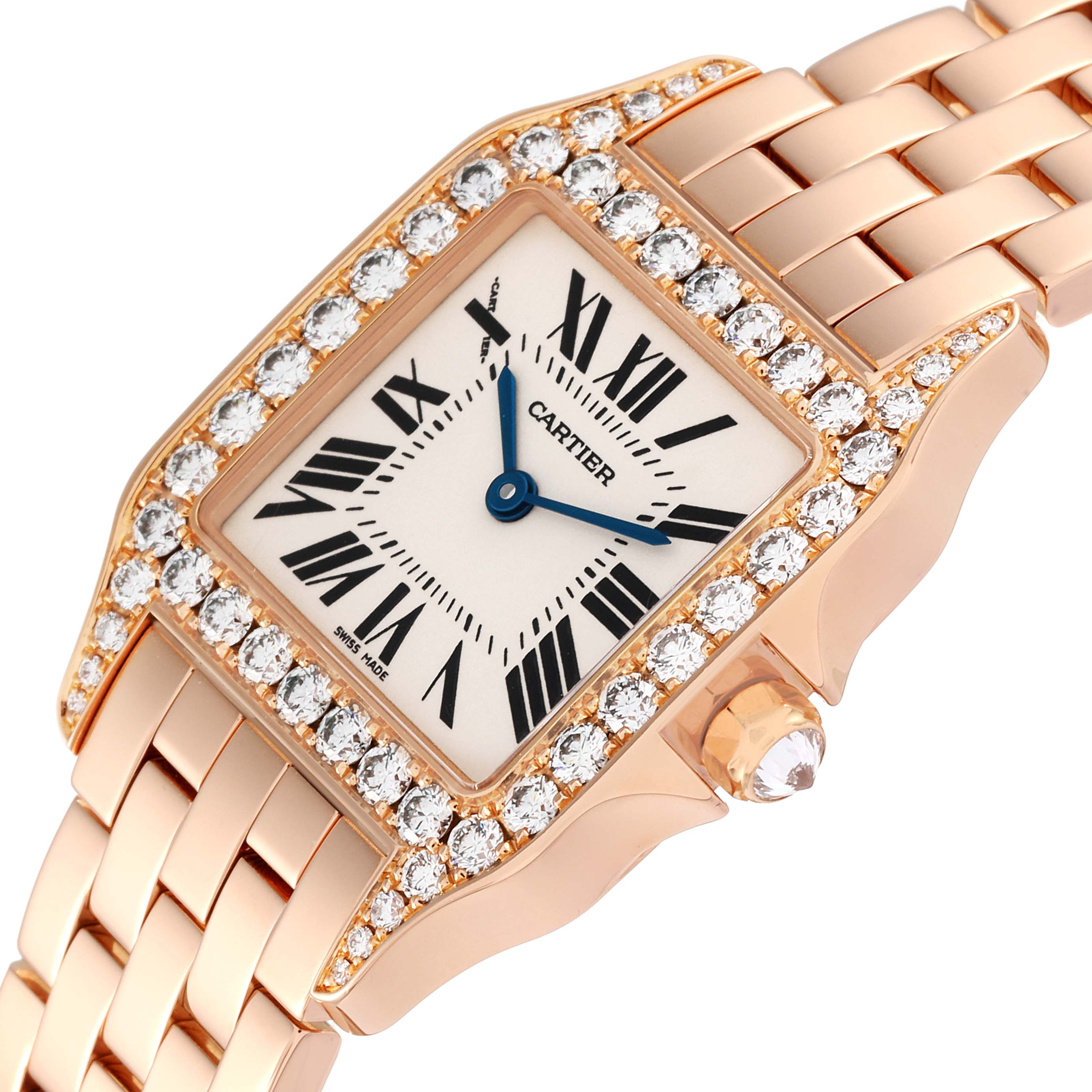The image shows a close-up angle of the Cartier Santos Demoiselle WF9007Z8 Women's Rose Gold Silver Dial WF9007Z8 Women's Rose Gold Silver Dial watch, highlighting the diamond bezel and bracelet.