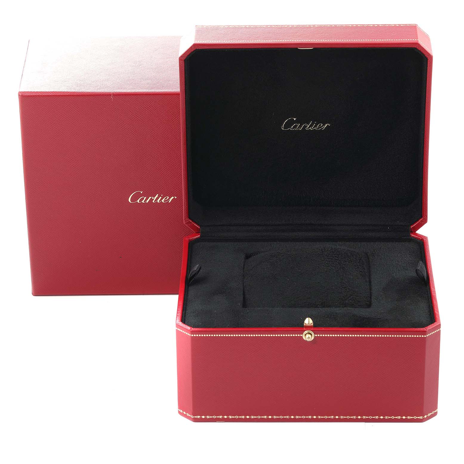 The image shows an open red Cartier box for the Santos Demoiselle model, displaying its interior and outer packaging.