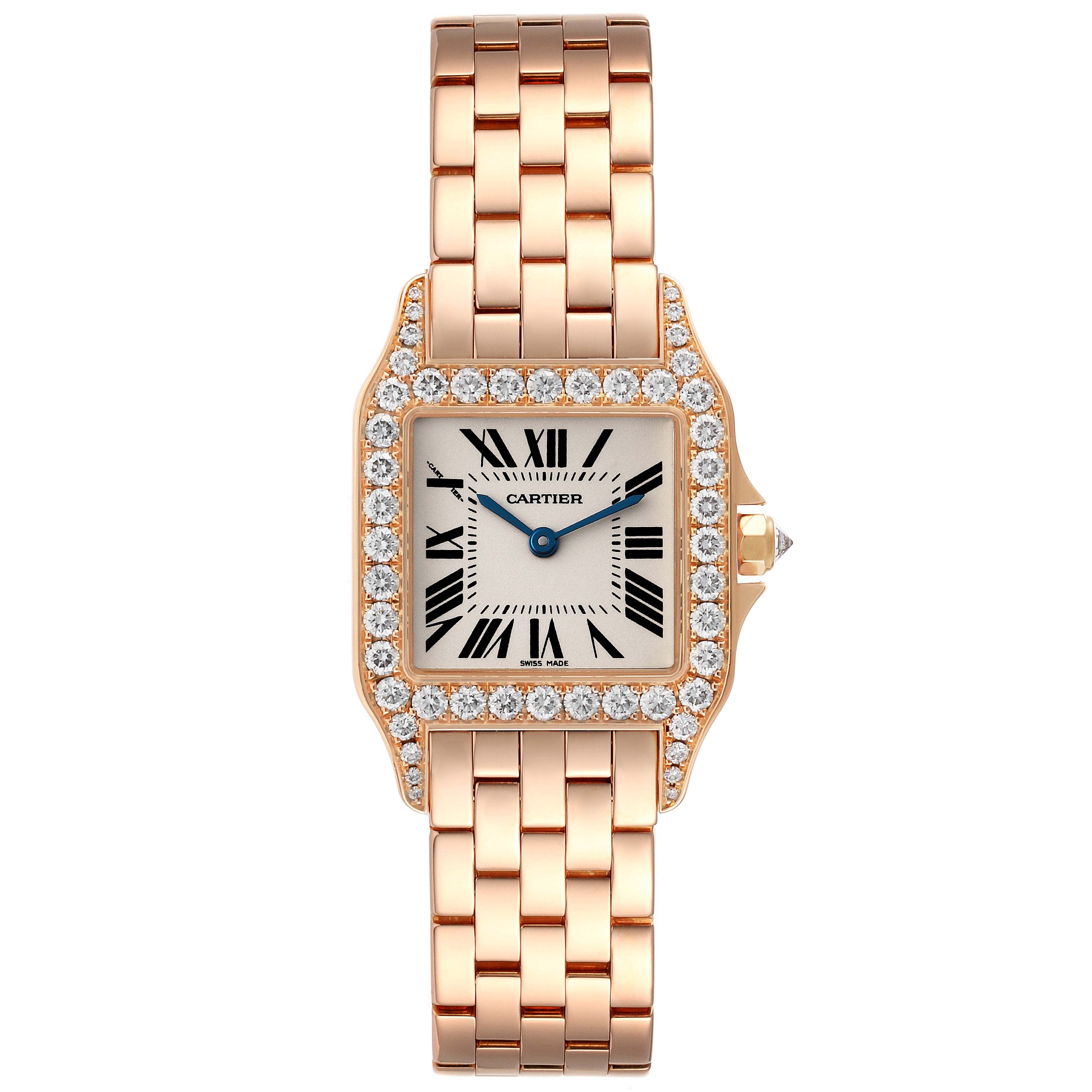 The image shows a Cartier Santos Demoiselle WF9007Z8 Women's Rose Gold Silver Dial WF9007Z8 Women's Rose Gold Silver Dial watch from a front view, detailing its face, bezel, and bracelet.