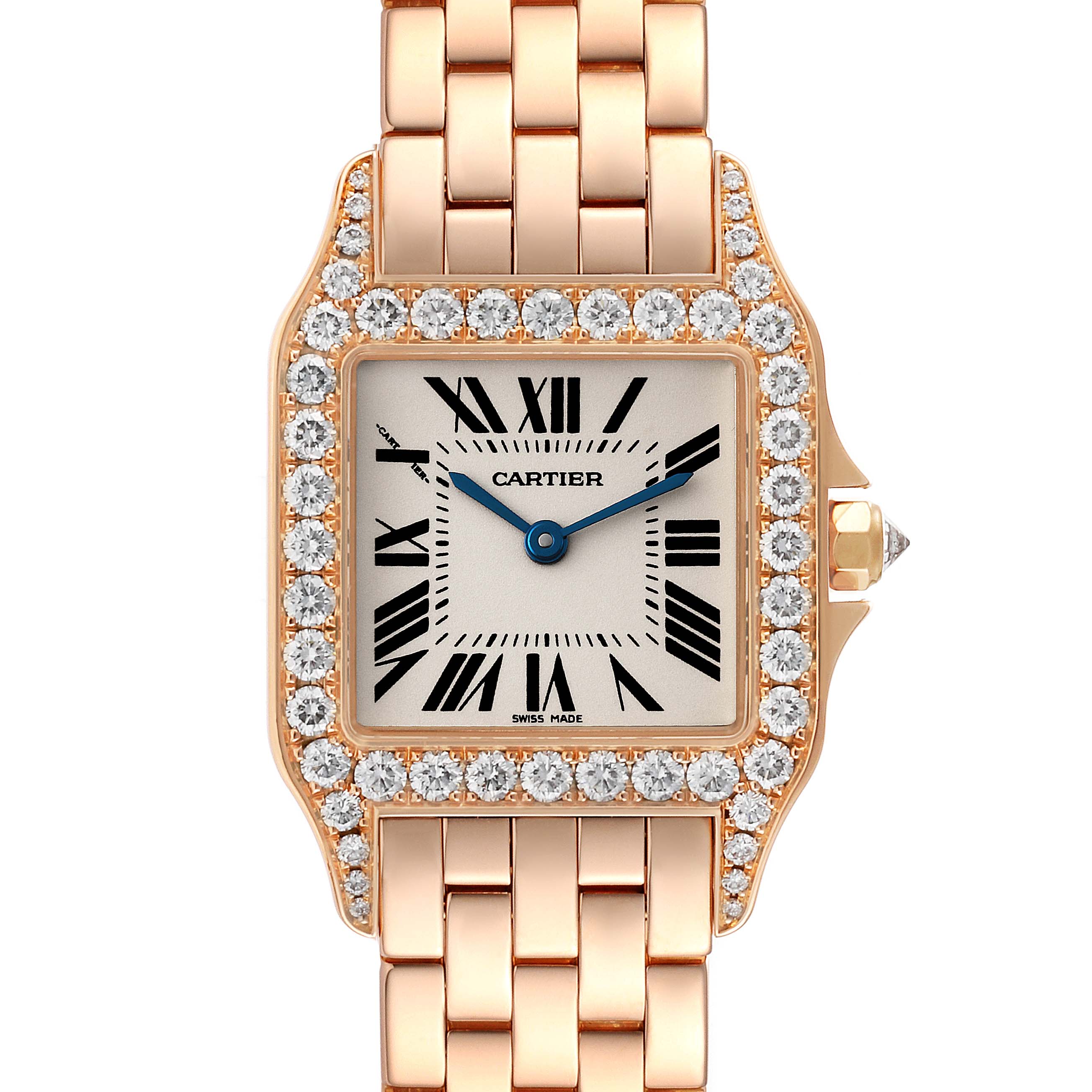 This is a close-up view of the Cartier Santos Demoiselle WF9007Z8 Women's Rose Gold Silver Dial WF9007Z8 Women's Rose Gold Silver Dial watch, showing the dial, bezel, bracelet, and crown.
