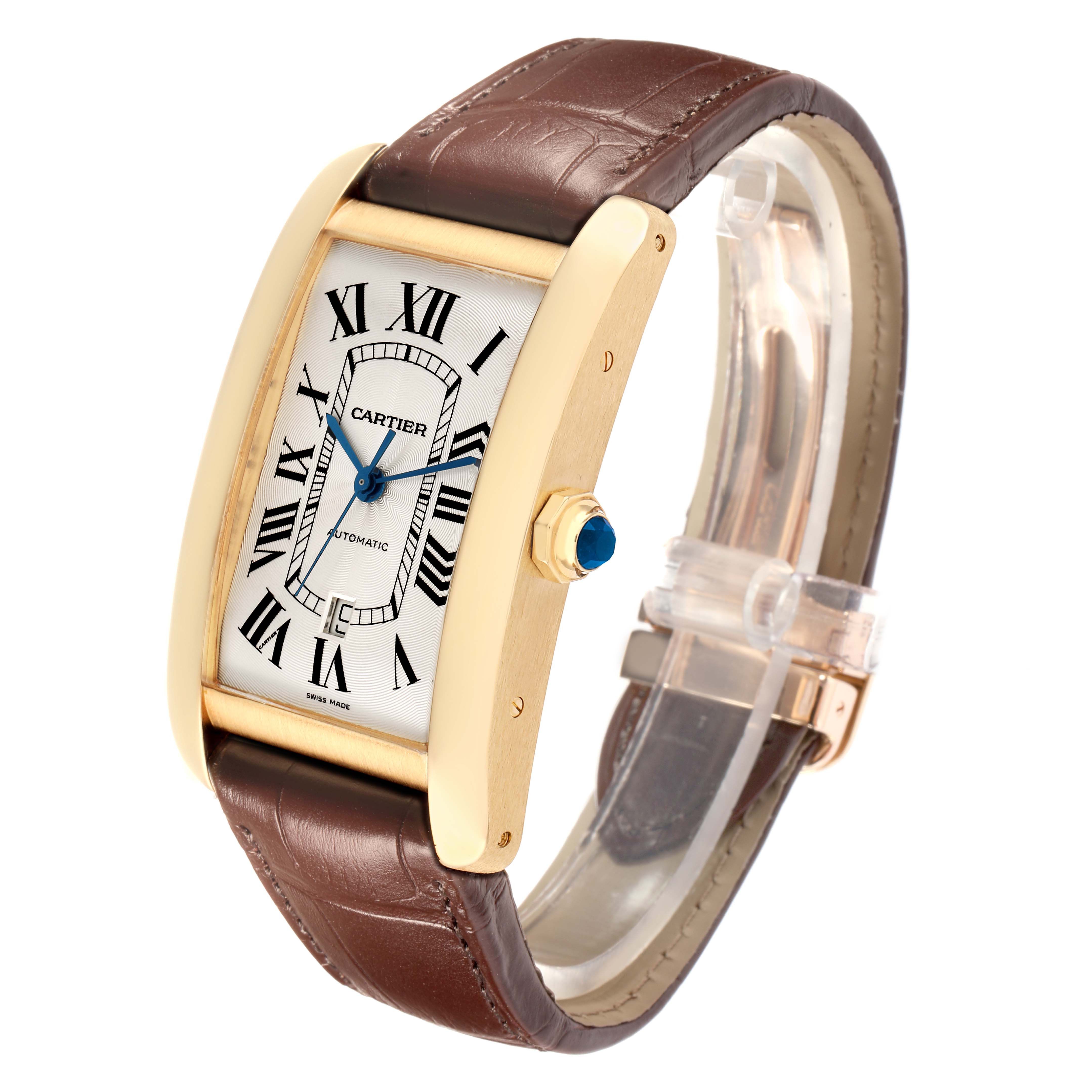 The Cartier Tank Americaine W2609756 Men
s Yellow Gold Silver Dial watch is shown at a 3/4 angle, displaying its face, brown leather strap, and side profile with crown.