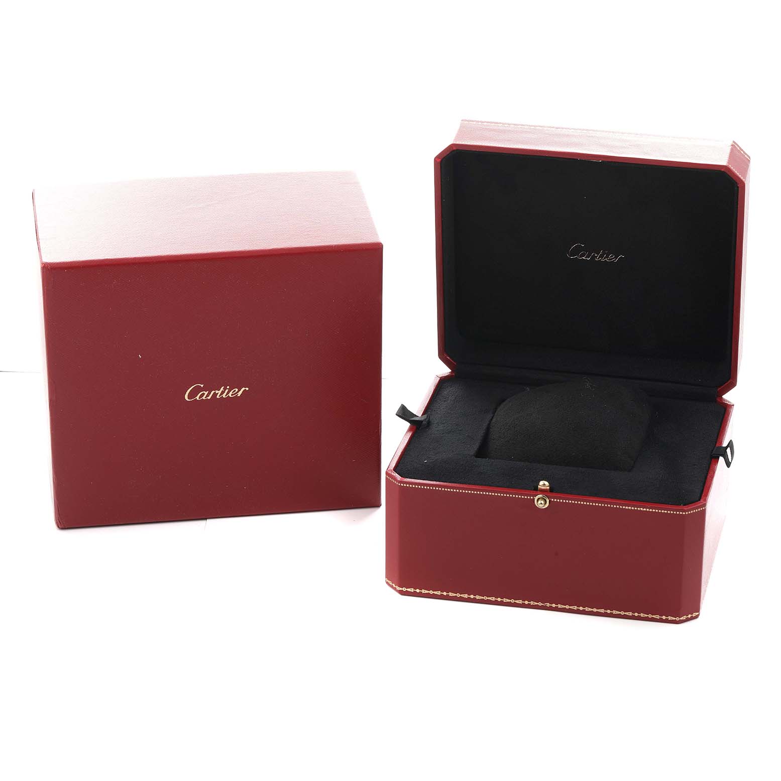 The image shows the Cartier Tank Americaine W2609756 Men
s Yellow Gold Silver Dial watch box and outer box in a red finish, with the inner box open and empty.