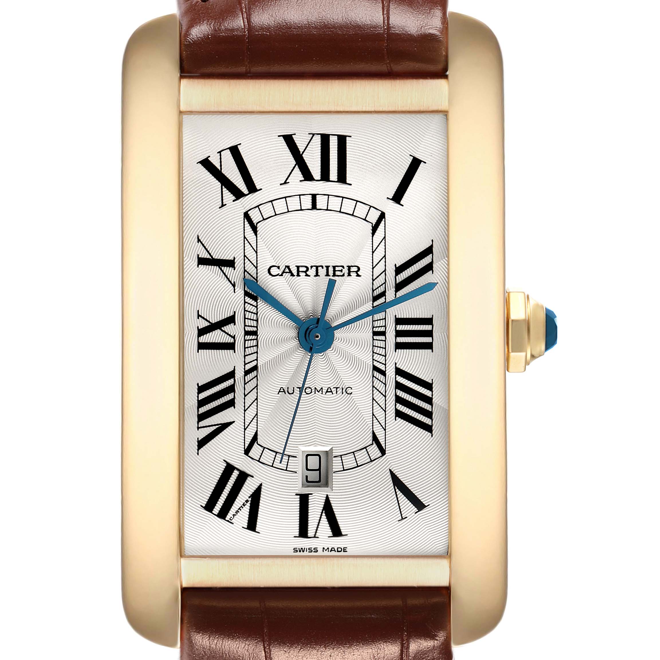 The Cartier Tank Americaine W2609756 Men
s Yellow Gold Silver Dial watch is shown from a front angle, displaying its face, Roman numerals, hands, and date window.