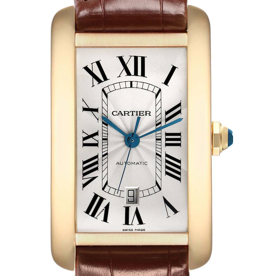 The Cartier Tank Americaine W2609756 Men's Yellow Gold Silver Dial watch is shown from a front angle, displaying its face, Roman numerals, hands, and date window.
