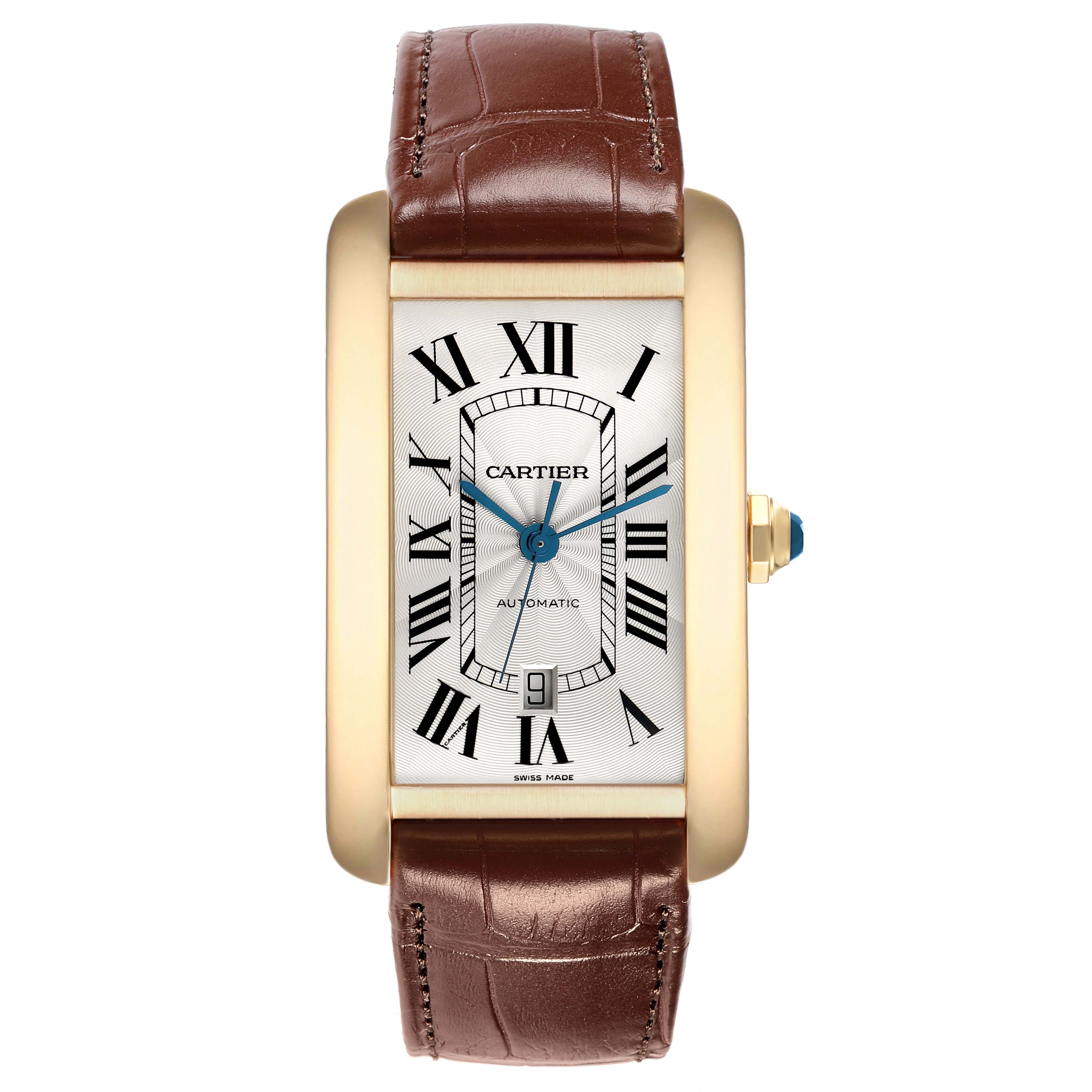 The Cartier Tank Americaine W2609756 Men
s Yellow Gold Silver Dial is shown from the front, displaying its rectangular face, Roman numerals, and leather strap.