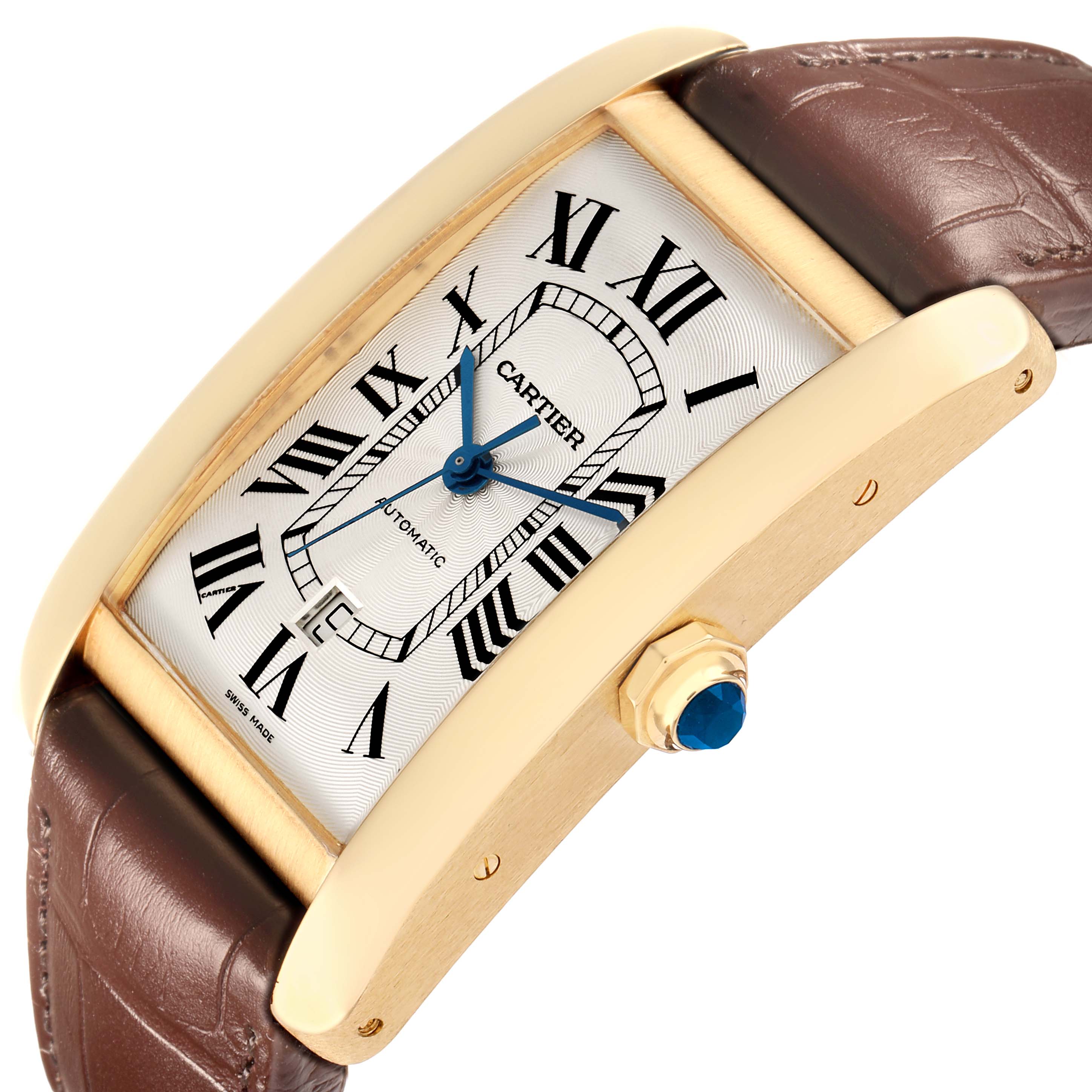 The Cartier Tank Américaine watch is shown at an angled view, displaying its rectangular face, Roman numerals, gold case, and brown leather strap.