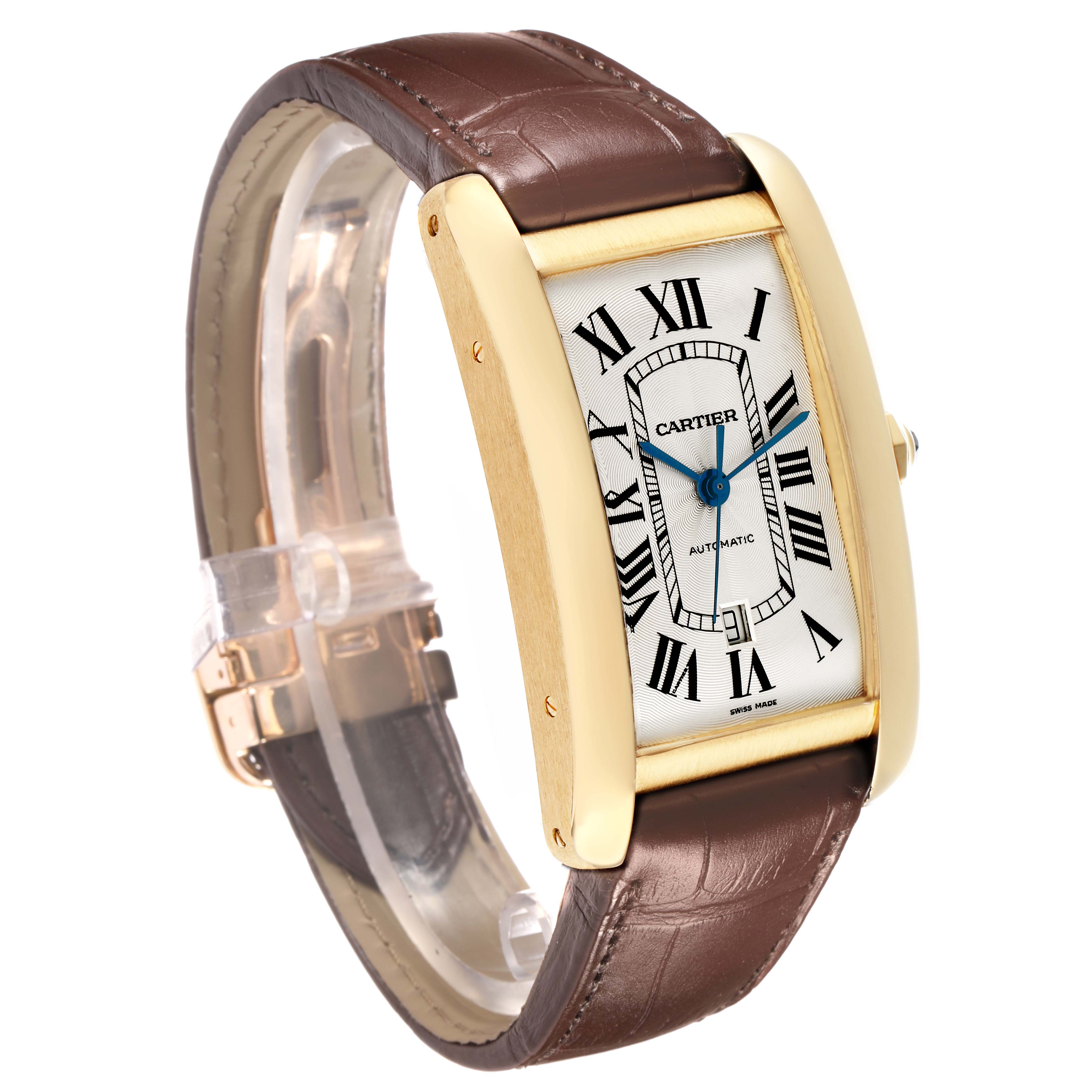 The Cartier Tank Americaine W2609756 Men
s Yellow Gold Silver Dial watch is shown at a slight angle, highlighting the face, strap, and side.