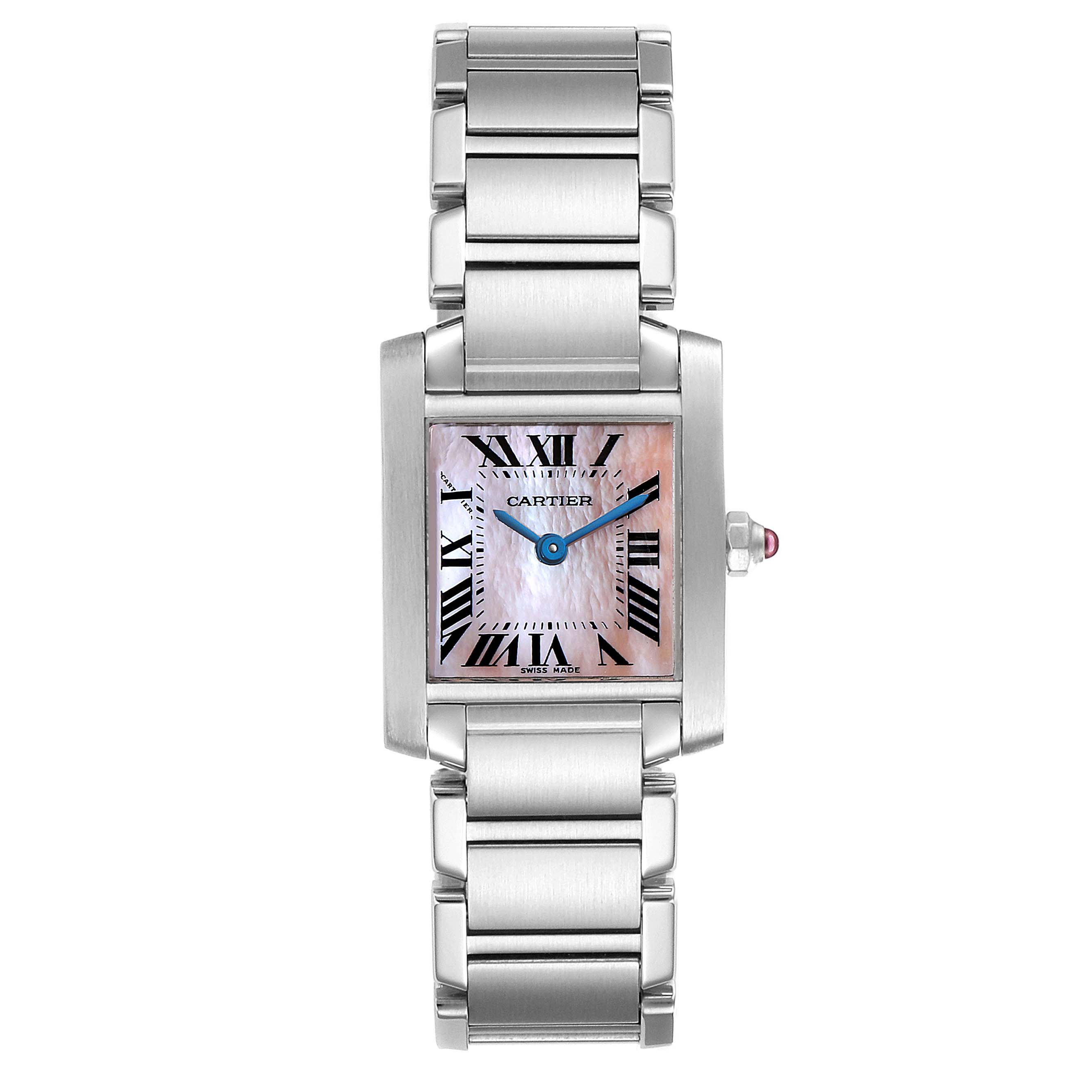 The image shows a front view of a Cartier Tank Francaise W51028Q3 Women
s Stainless Steel Mother of Pearl Dial W51028Q3 Women
s Stainless Steel Mother of Pearl Dial watch, highlighting the case, dial, bracelet, and crown.