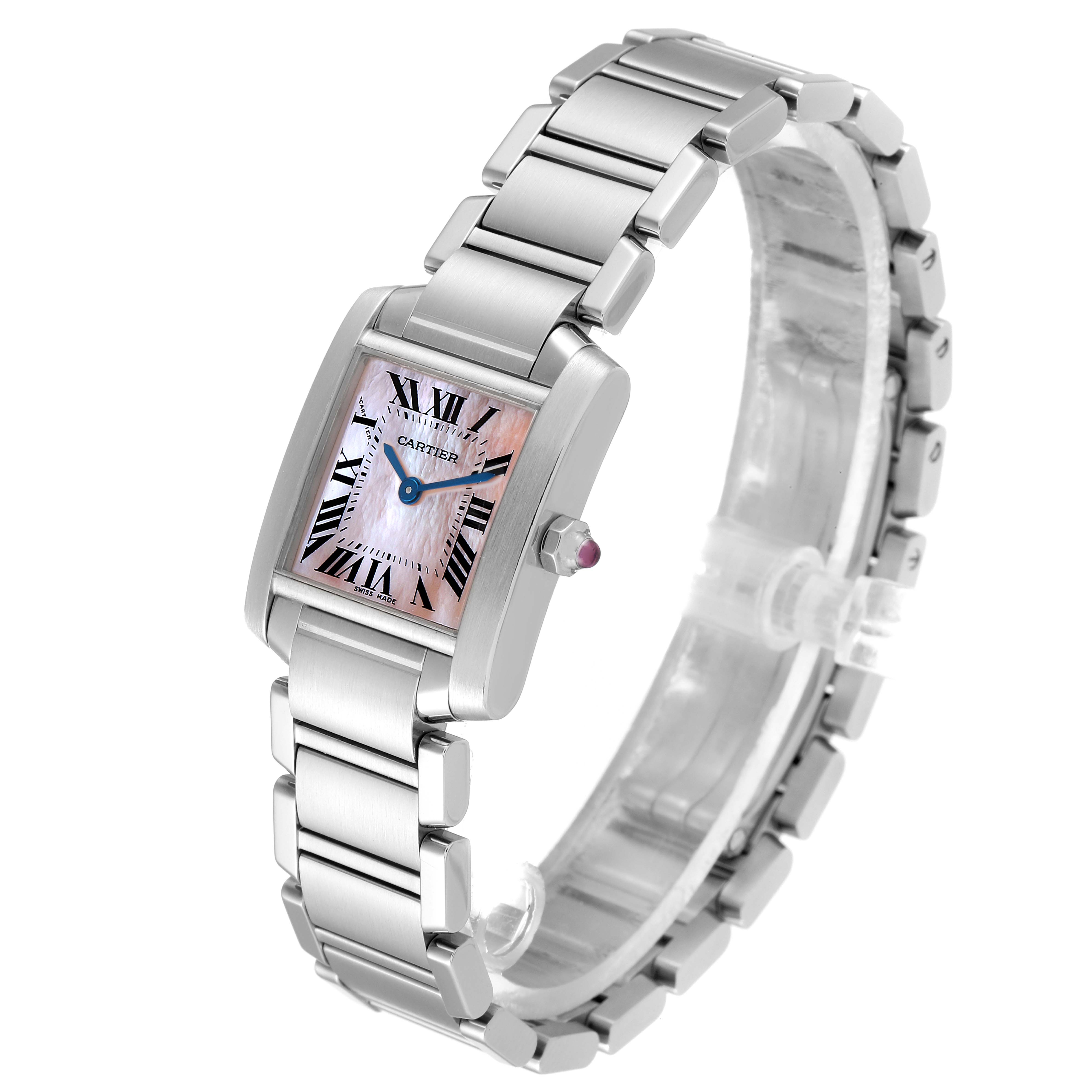 The Cartier Tank Francaise W51028Q3 Women
s Stainless Steel Mother of Pearl Dial W51028Q3 Women
s Stainless Steel Mother of Pearl Dial watch is shown from a front angle, displaying its dial, bracelet, and crown.