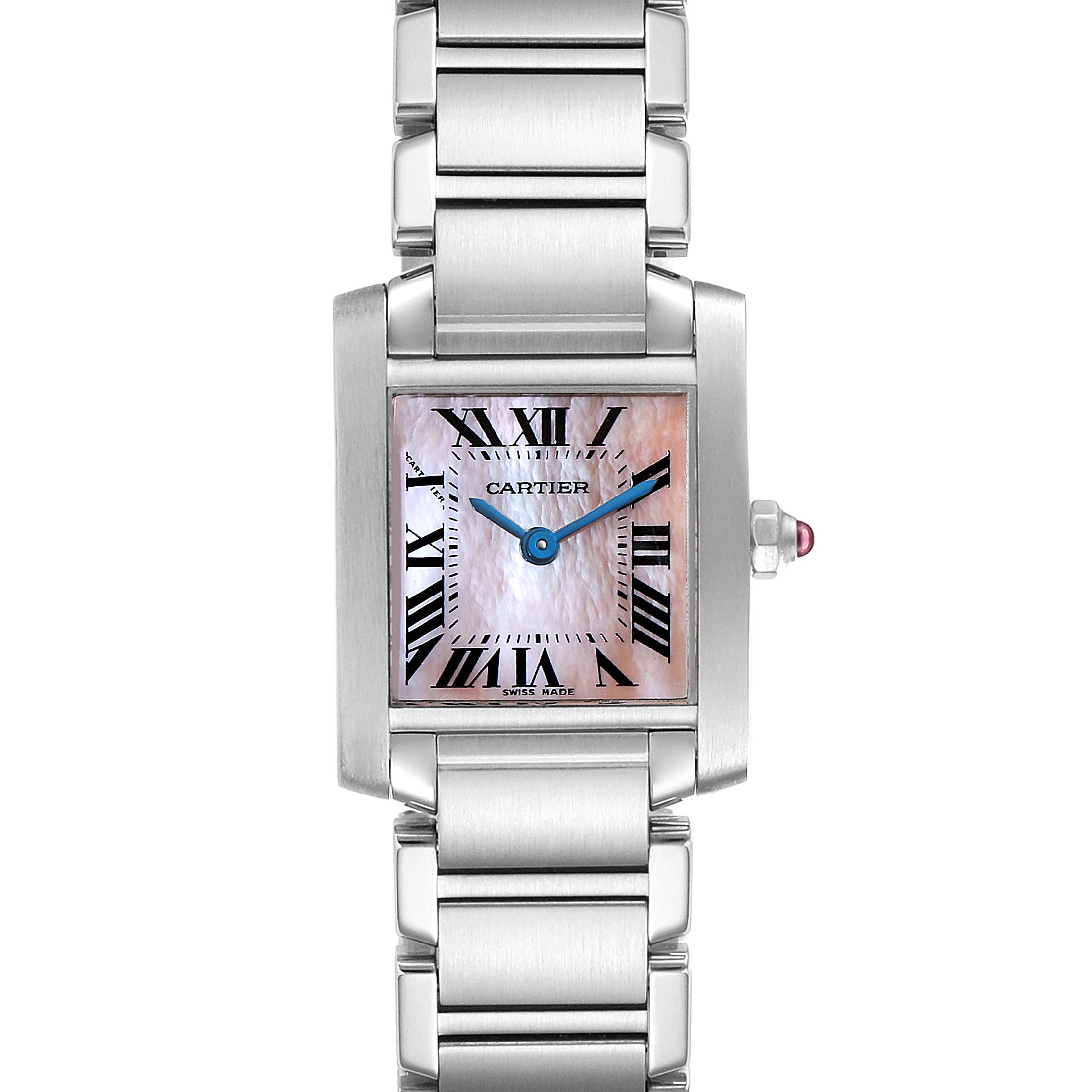 This image shows a frontal view of the Cartier Tank Francaise W51028Q3 Women
s Stainless Steel Mother of Pearl Dial W51028Q3 Women
s Stainless Steel Mother of Pearl Dial watch, highlighting the face, hands, and metal bracelet.