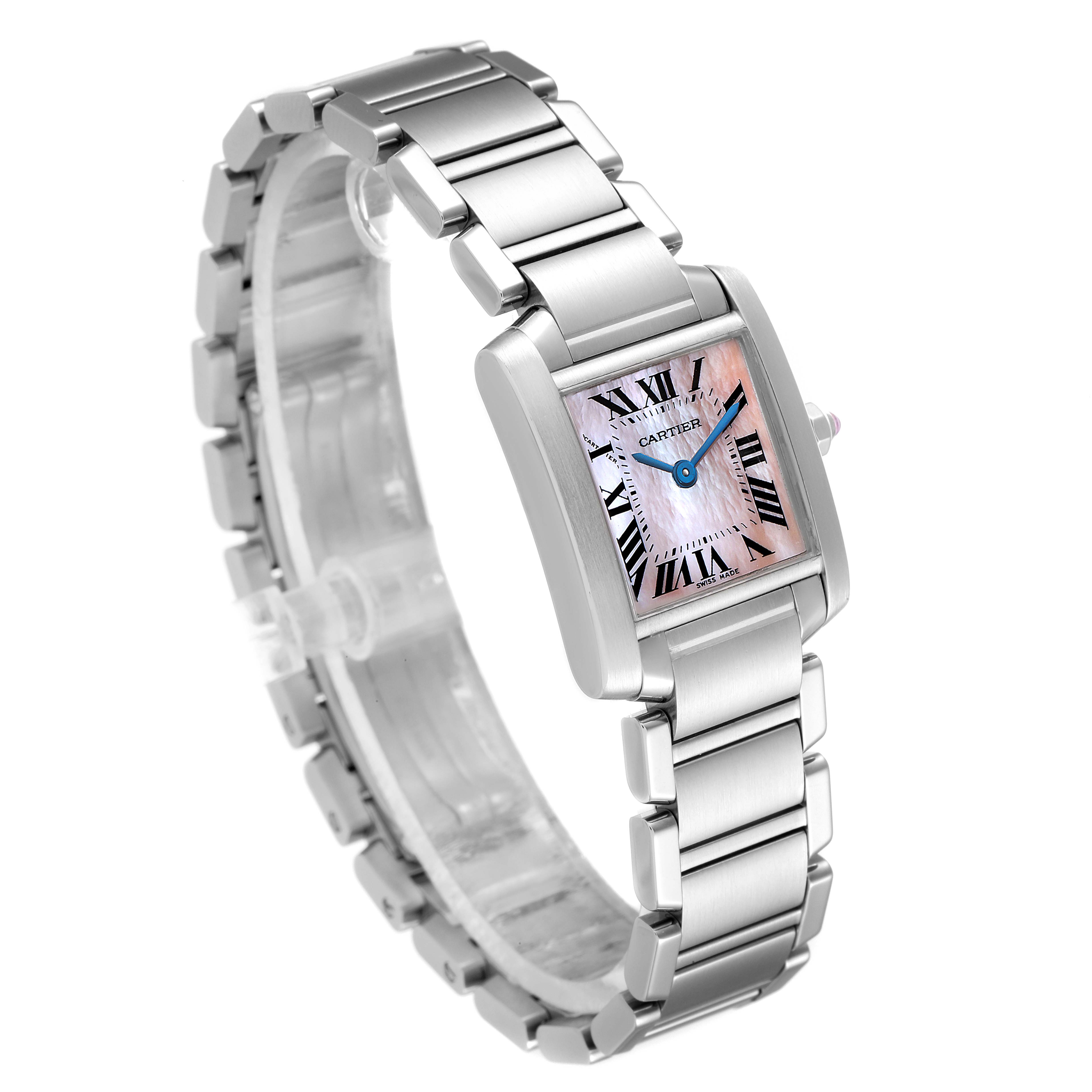 The image shows a side angle of a Cartier Tank Francaise W51028Q3 Women
s Stainless Steel Mother of Pearl Dial W51028Q3 Women
s Stainless Steel Mother of Pearl Dial watch, highlighting its rectangular dial and stainless steel bracelet.