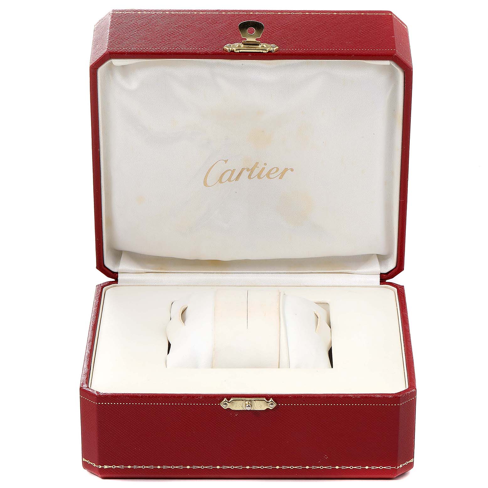 The image shows an open red Cartier box containing the Tank Francaise model watch holder, with the brand’s name on the inner lid.