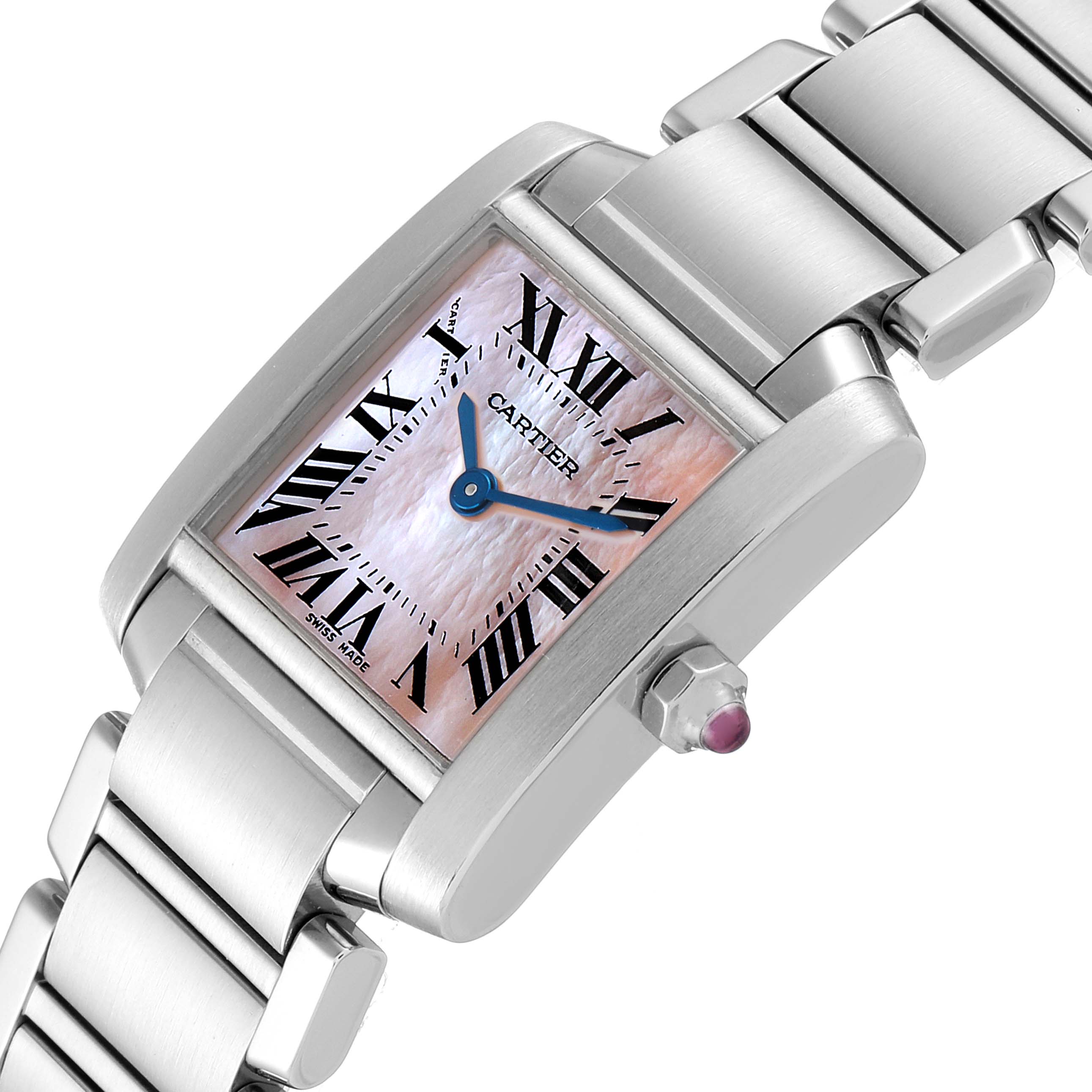 The image shows a close-up angle of the Cartier Tank Francaise W51028Q3 Women
s Stainless Steel Mother of Pearl Dial W51028Q3 Women
s Stainless Steel Mother of Pearl Dial watch, focusing on the face, bezel, crown, and part of the metal bracelet.